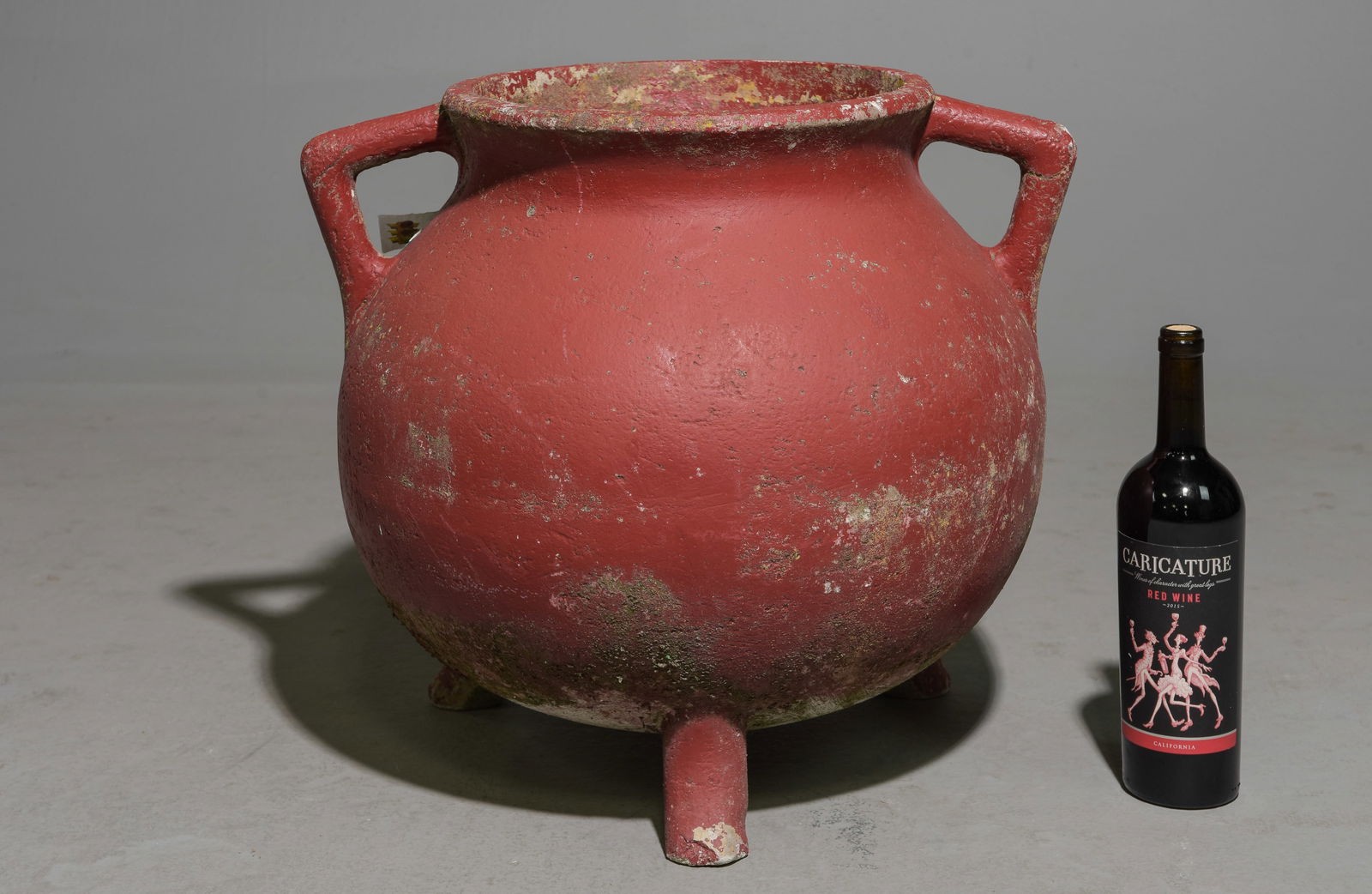 Willy Guhl Industrial Marmite Cauldron Planter: Willy Guhl Industrial Marmite Red Painted Cauldron Planter - 18 in tall x 21 x 18.5 - Much of Willy Guhl's work is crafted from either concrete or Eternit & made in Switzerland