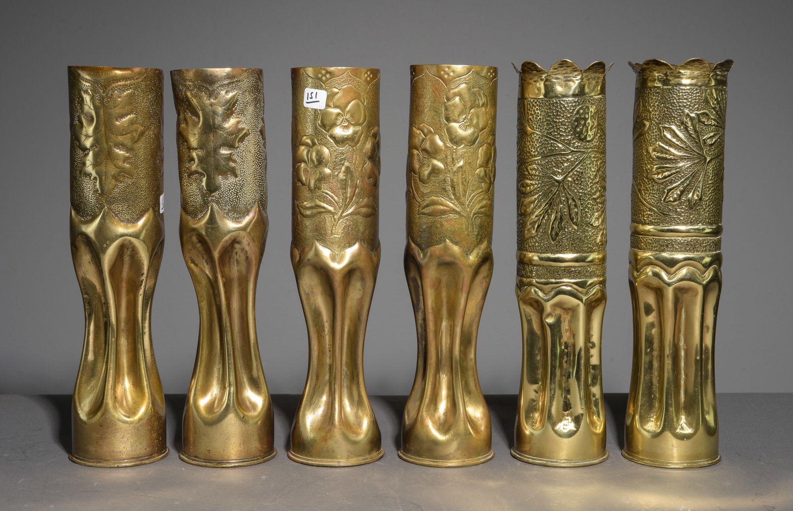 Three Pairs of Brass Trench Art Vases #2: Three Pairs of Brass Trench Art Vases - Largest is 14 in tall x 3.5 inch diameter