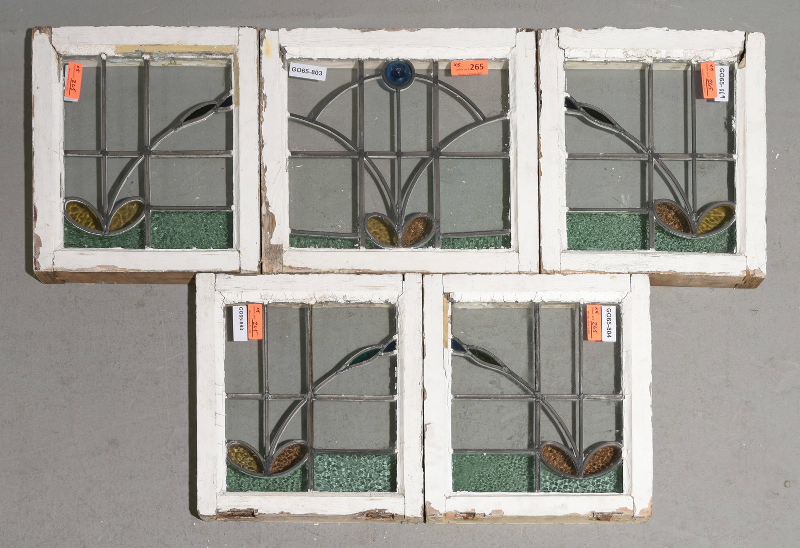 5 British Stained Leaded Glass Windows: 5 British Stained Leaded Glass Windows - Largest is 18.5 in tall x 20 x 2