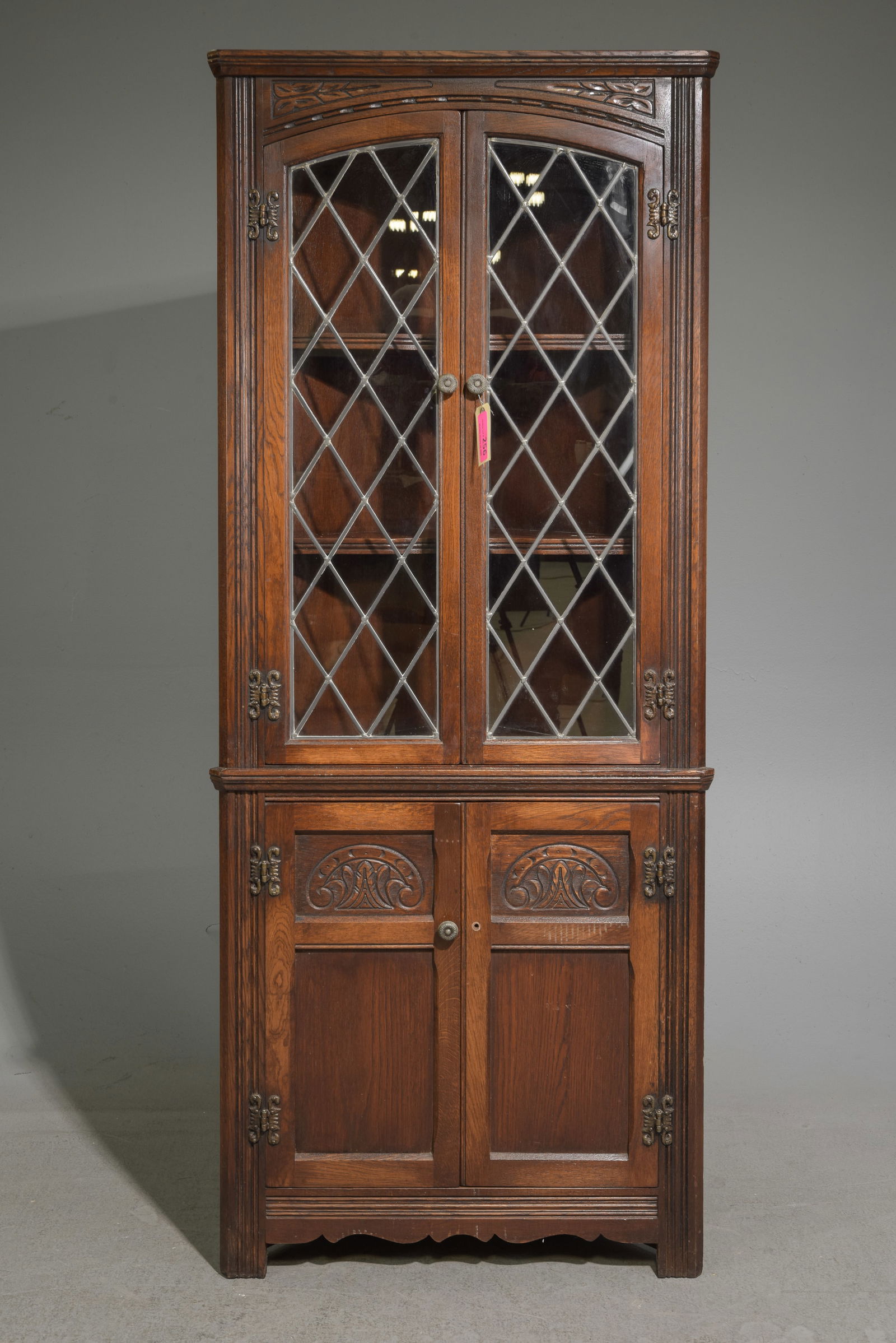 British Oak Leaded Glass Corner Cabinet: British Oak Leaded Glass Corner Cabinet - 66 in tall x 27 x 14