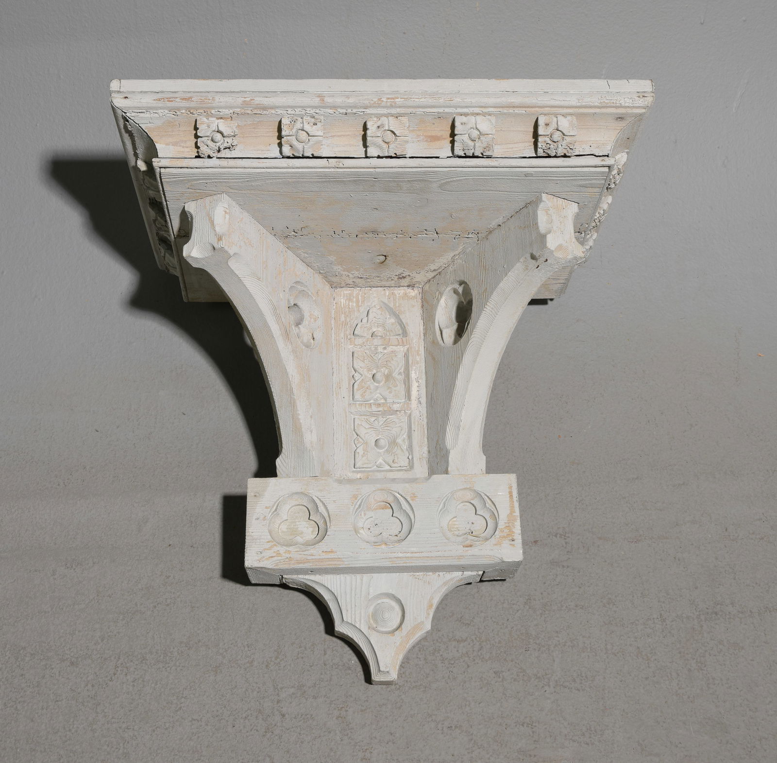 British Painted Gothic Carved Oak Wall Shelf: British Painted Gothic Carved Oak Wall Shelf - 21.5 in tall x 22 x 13.5