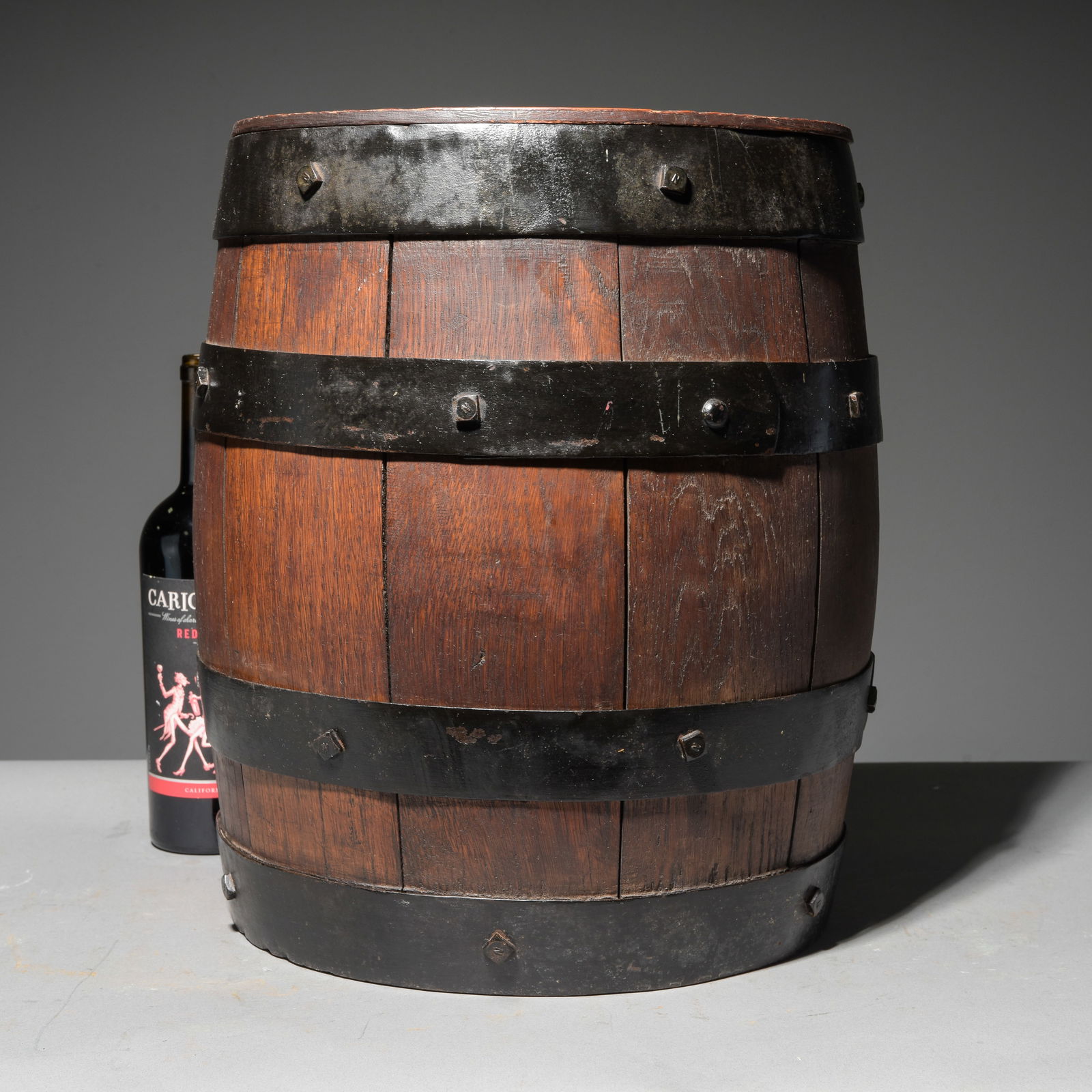 English Oak Iron Banded Barrel / Stool #1: English Oak Iron Banded Barrel / Stool - 18 in tall x 13 inch diameter