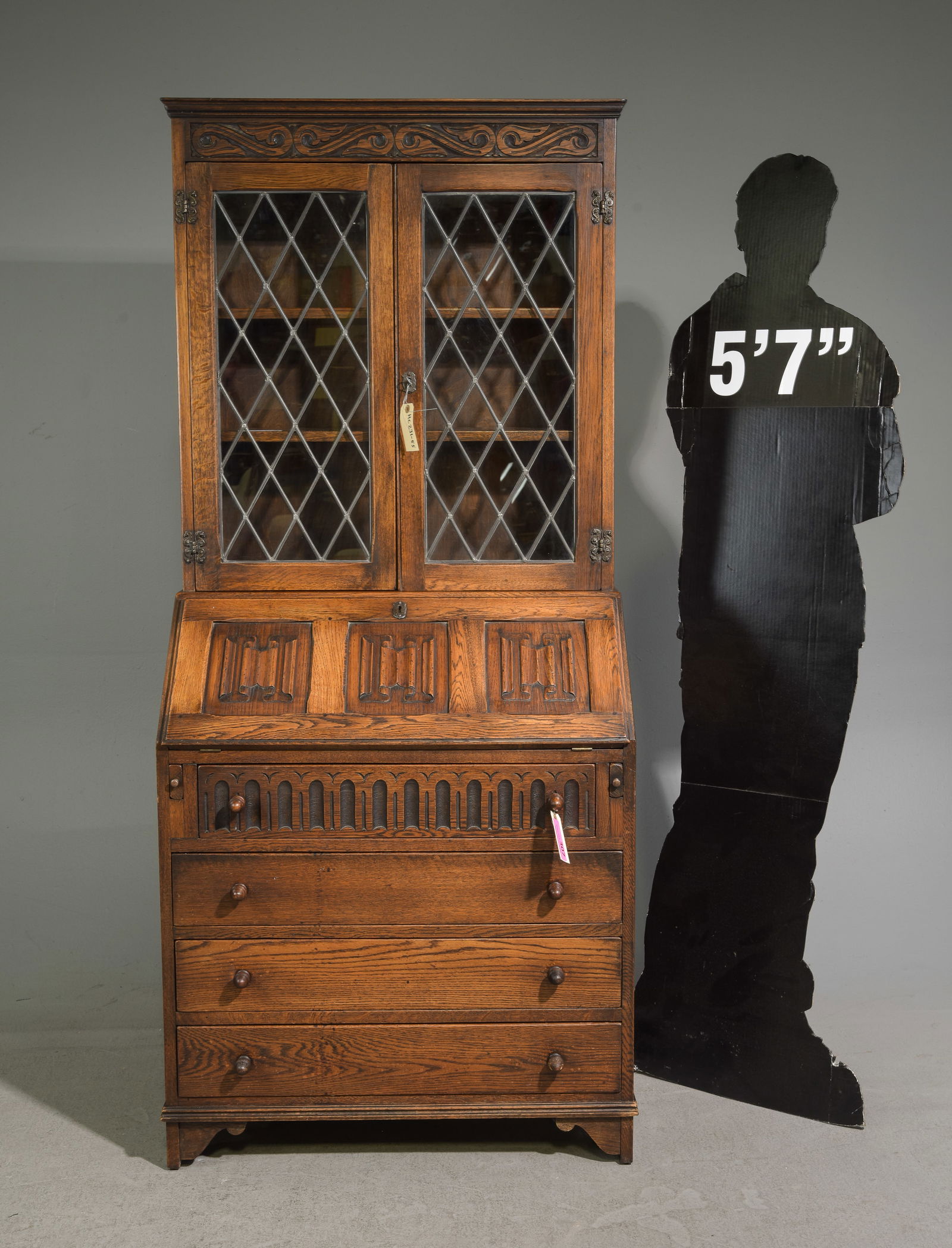 British Carved Oak Bureau / Secretary Bookcase: British Carved Oak Bureau / Secretary Bookcase - 68.5 in tall x 30 x 18