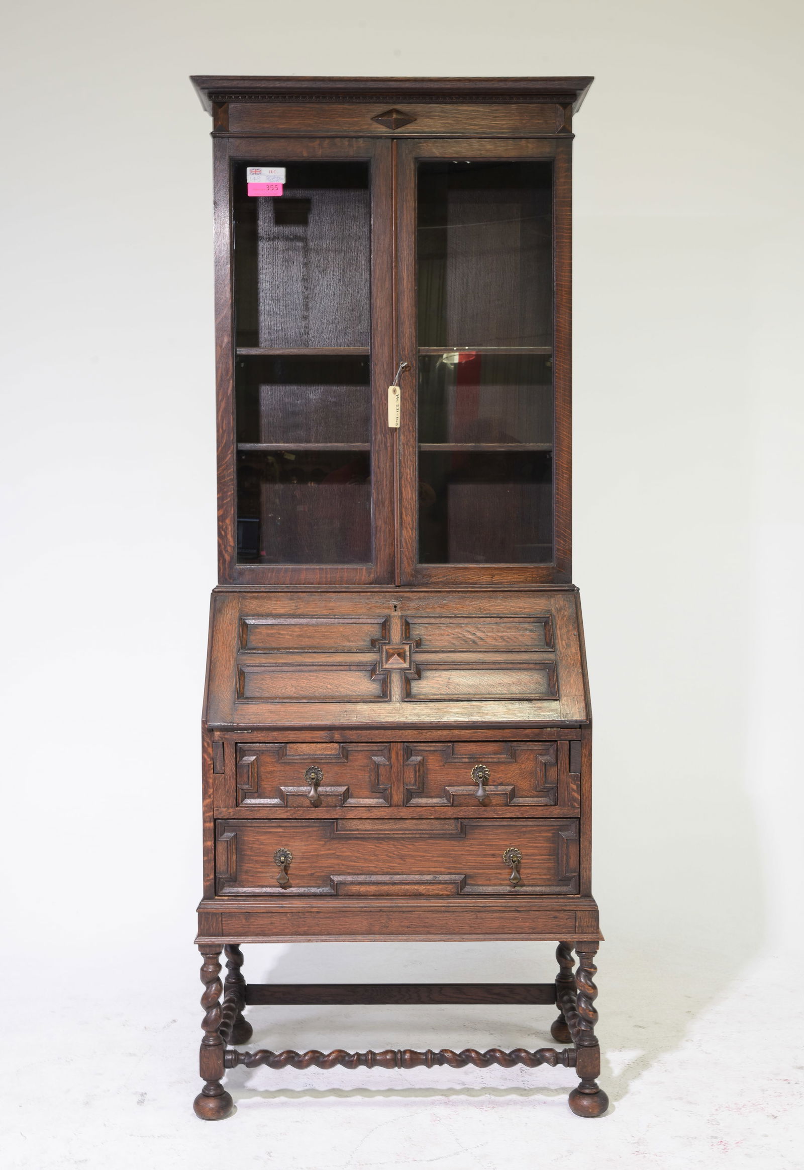 Jacobean Oak Barley Twist Bureau Bookcase: British Jacobean Oak Barley Twist Bureau / Secretary Bookcase c.1920's-30's - 78.5 in tall x 31 x 17
