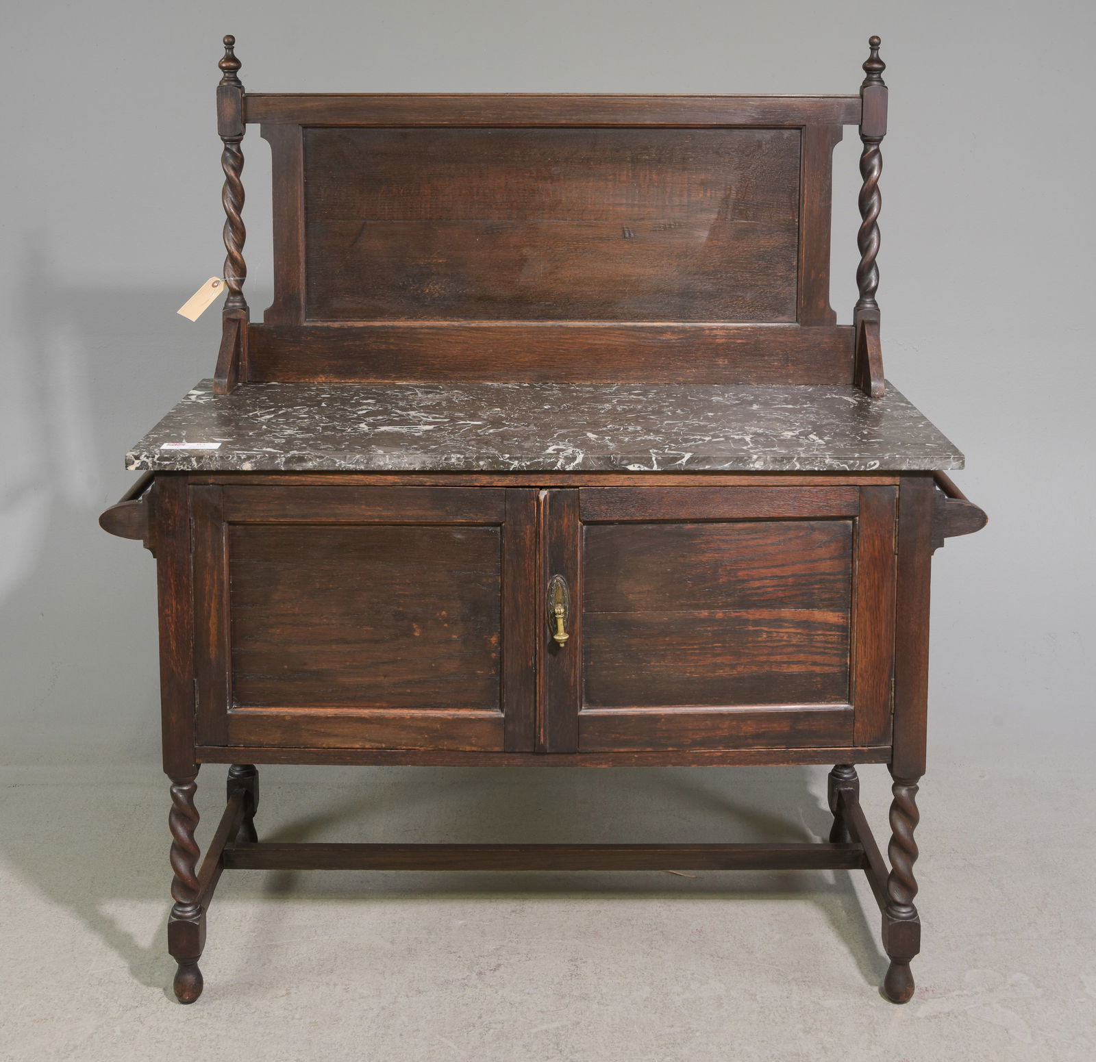 British Oak Barley Twist Marble Top Washstand: British Oak Barley Twist Marble Top Washstand - 51 in tall x 45.5 x 19, Floor to surface is 30 inches