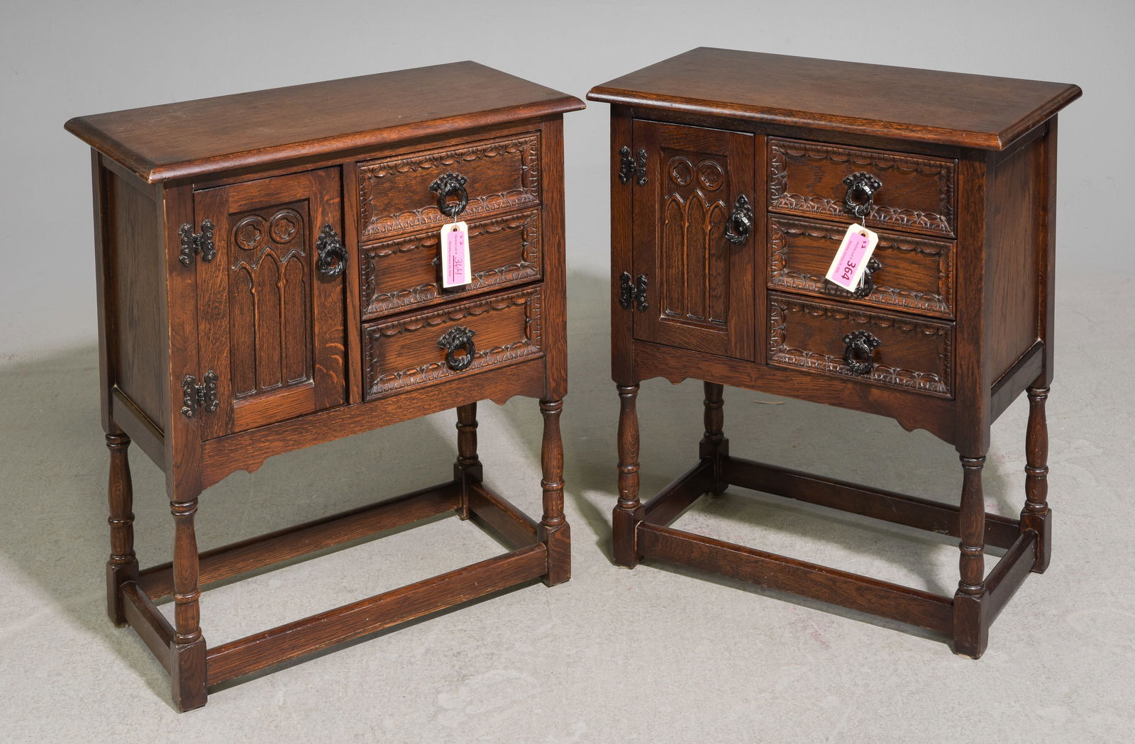 2 British Carved Oak Side Cabinets c.1930's-40's: 2 British Gothic Carved Oak Side Cabinets c.1930's-40's - 27 in tall x 24 x 13 each