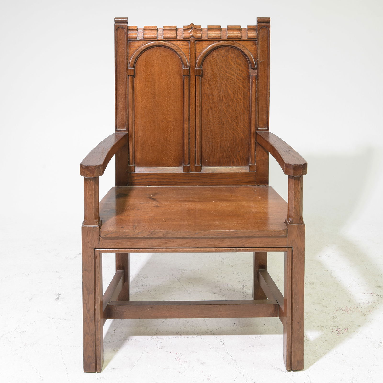 English Oak Church Arm Chair: English Oak Church Arm Chair - 45.5 in tall x 23.5 x 20 with a seat height of 19 inches