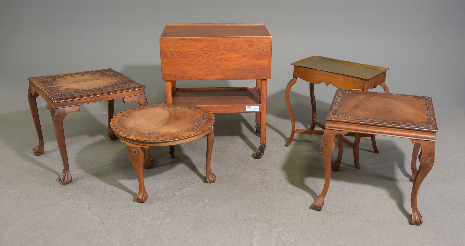 5pcs - British Oak Drop Leaf Trolley & Tables: 5pcs - British Oak Drop Leaf Trolley & Tables - Trolley is 29.25 in tall x 24 x 17, Leaves add an additional 9.5 inches