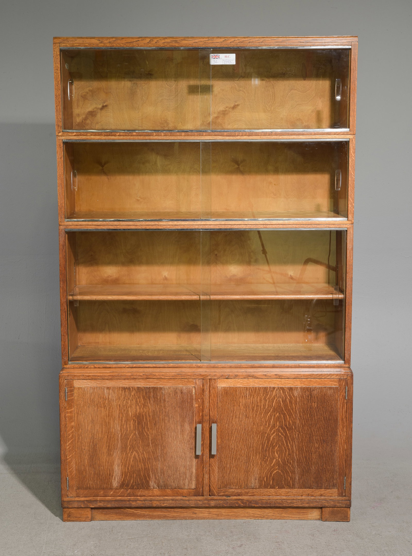 British Oak Stacking Bookcase: British Oak Stacking Bookcase with Sliding Glass Doors - 58 in tall x 51 x 11.5