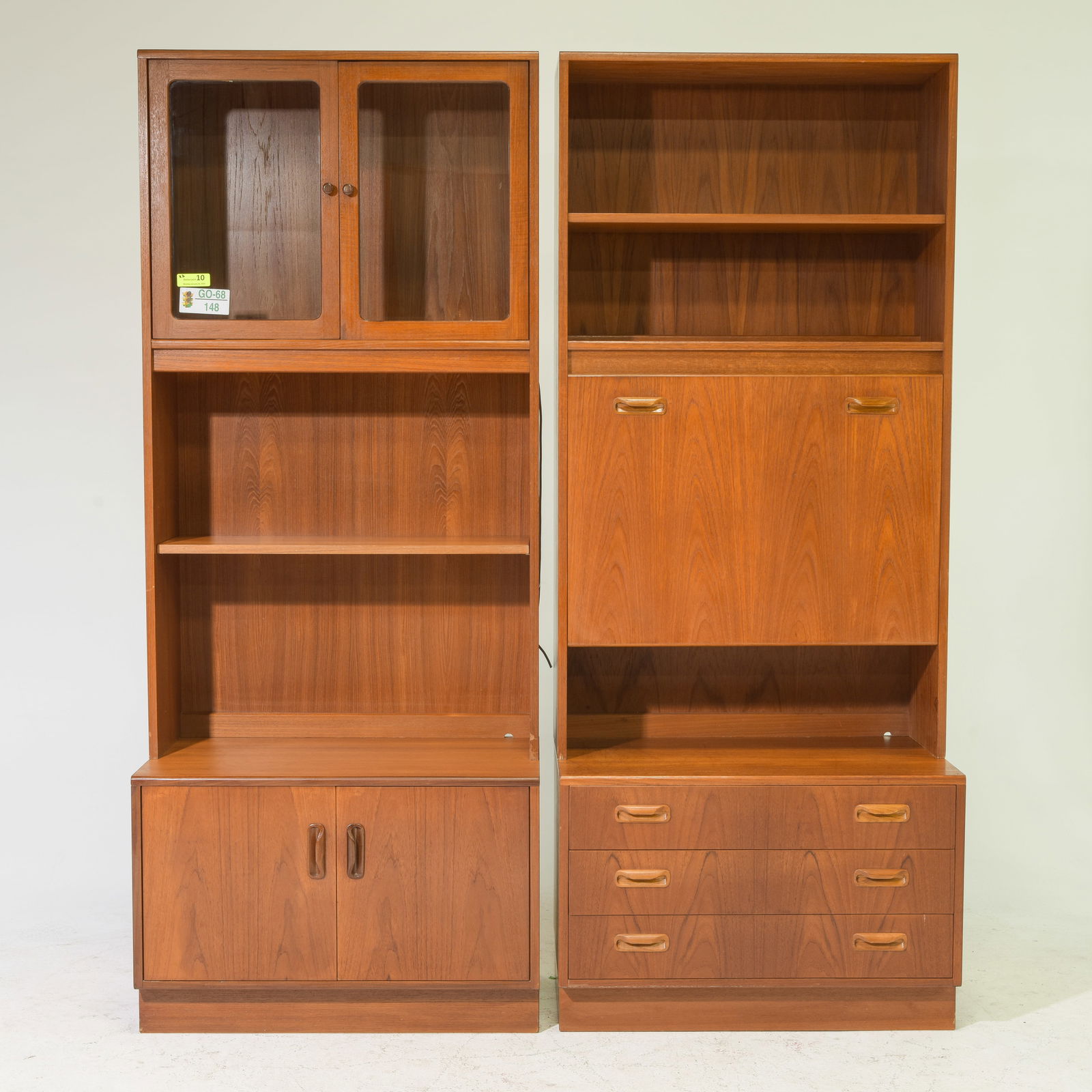 2 Mid Century Modern G-Plan Bookcases / Wall Units: Danish Modern Style Cocktail Cabinet / Wall Unit by British Furniture Maker G-Plan - 78 in tall x 33 x 18 each - This will break down for easier transport