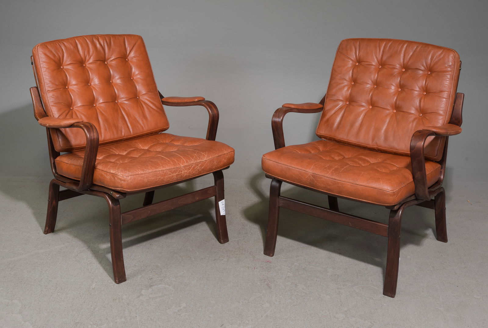 2 Mid Century Modern Gote Mobler Arm Chairs: 2 Danish Modern Style Gote Mobler Leather Arm Chairs - 34 in tall x 30 x 29 with a seat height of 17.5 inches