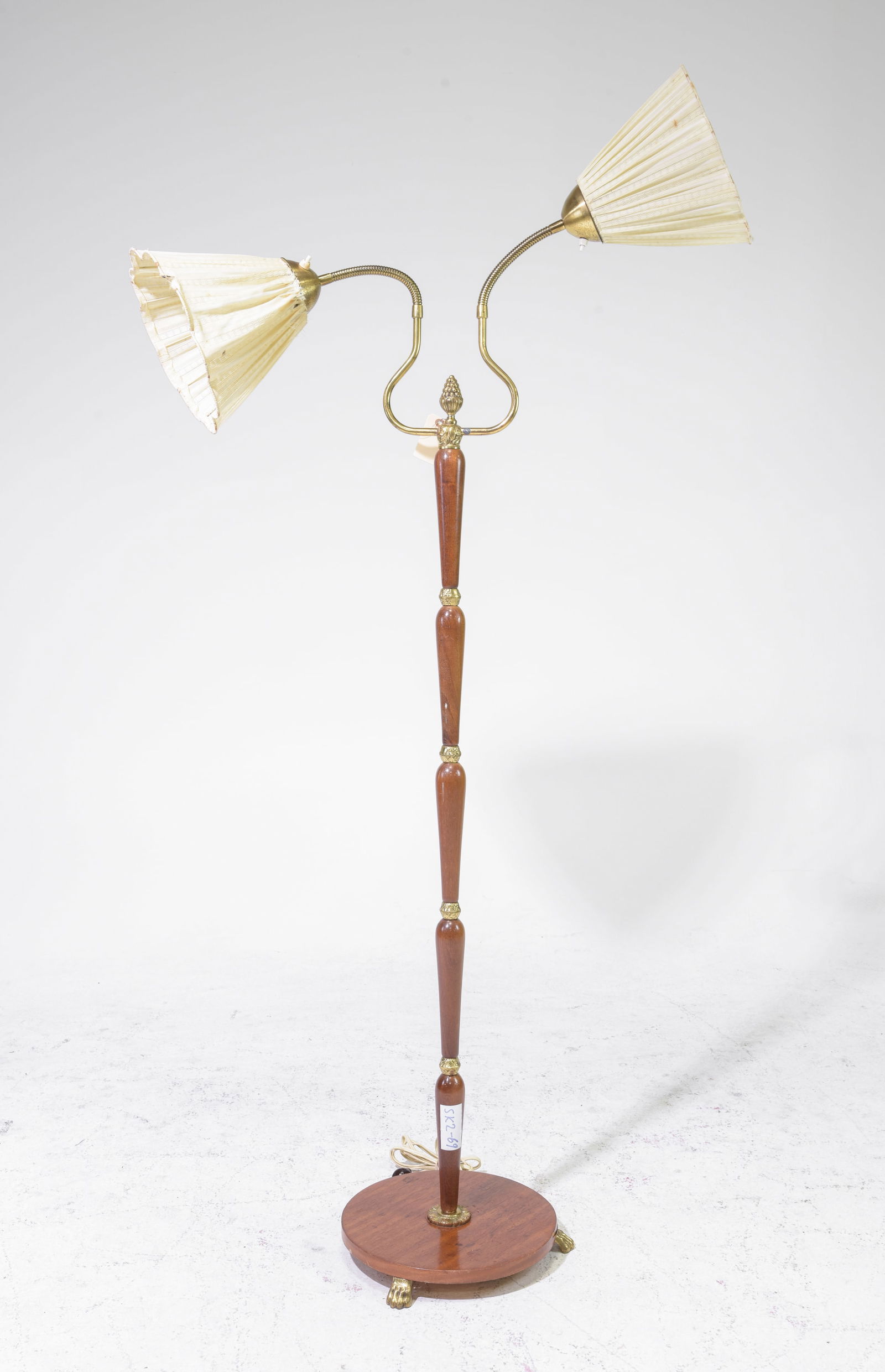 Swedish Teak & Brass Floor Lamp with Shades - Pagos: Swedish Teak & Brass Floor Lamp with Pleated Shades - Pagos - 61 in tall x 30 x 11