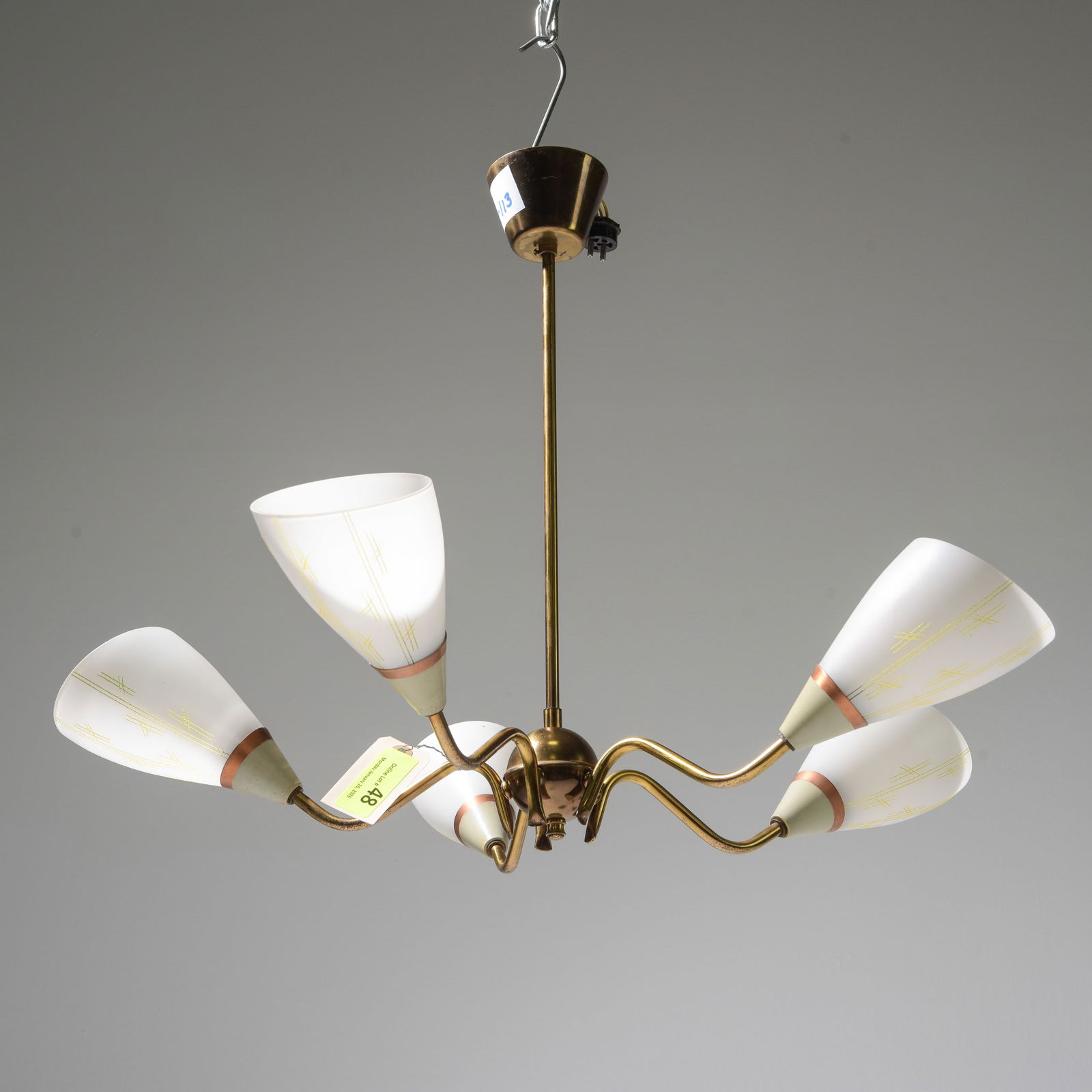 Swedish Six Light Chandelier with Opaline Shades: Swedish Six Light Brass Chandelier with Opaline Shades - 20.5 in tall x 28 x 28