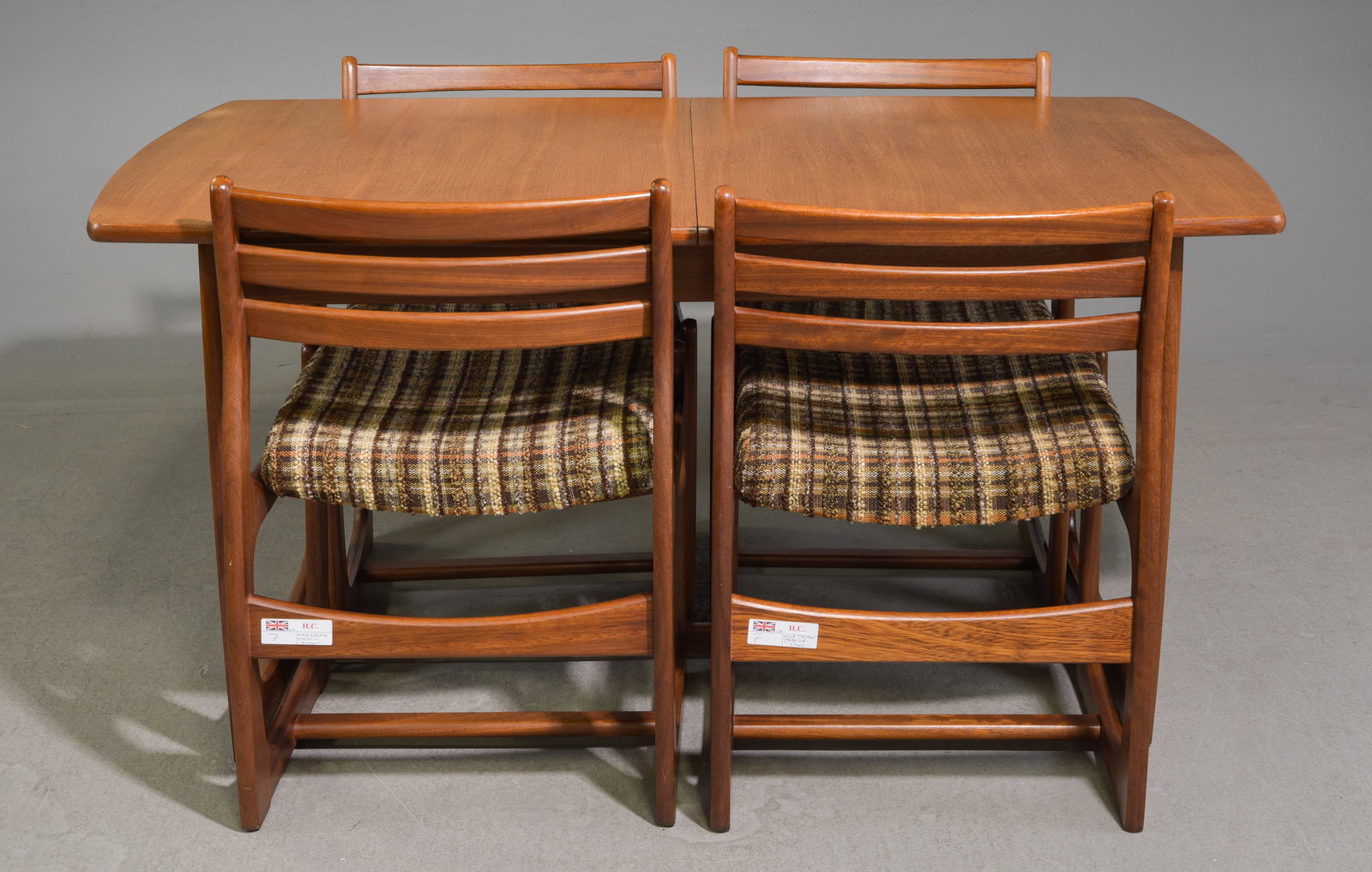 Mid Century Modern Table with Leaf & 4 Chairs: Danish Modern Style Dining Table with Pop Up / Butterfly Leaf & 4 Chairs - Portwood - 28.25 in tall x 53.5 x 35, Leaf adds an additional 18 inches, Chairs are 30 in tall x 19 x 18.75 each with a seat