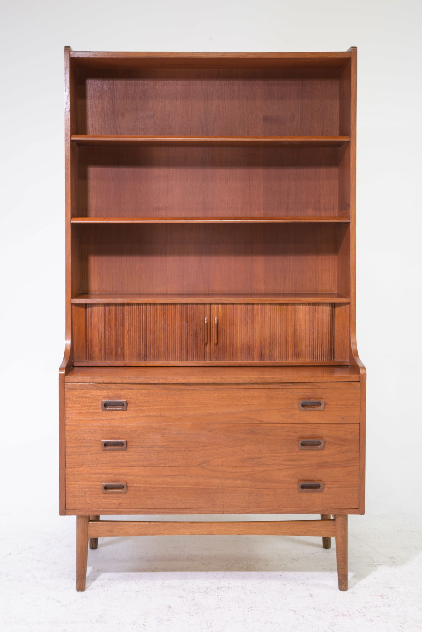 Mid Century Modern Secretary Bookshelf with Pull Out: Danish Modern Style Secretary Bookshelf with Pull Out Writing Surface featuring Reeded Tambour Doors attributed to Johannes Sorth for Bornholm - 71.5 in tall x 39.5 x 17