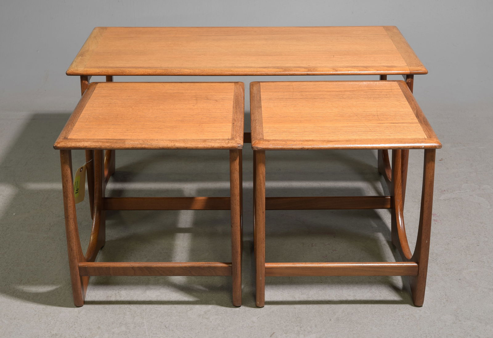 Mid Century Astro Nest / Coffee Table by G-Plan: This Danish Modern Style Teak nest is British and made by Mid Century Modern Furniture Maker G-Plan ( GPlan ) - 20 in tall x 39 x 20, The smaller tables are 18.5 in tall x 17 x 18 each