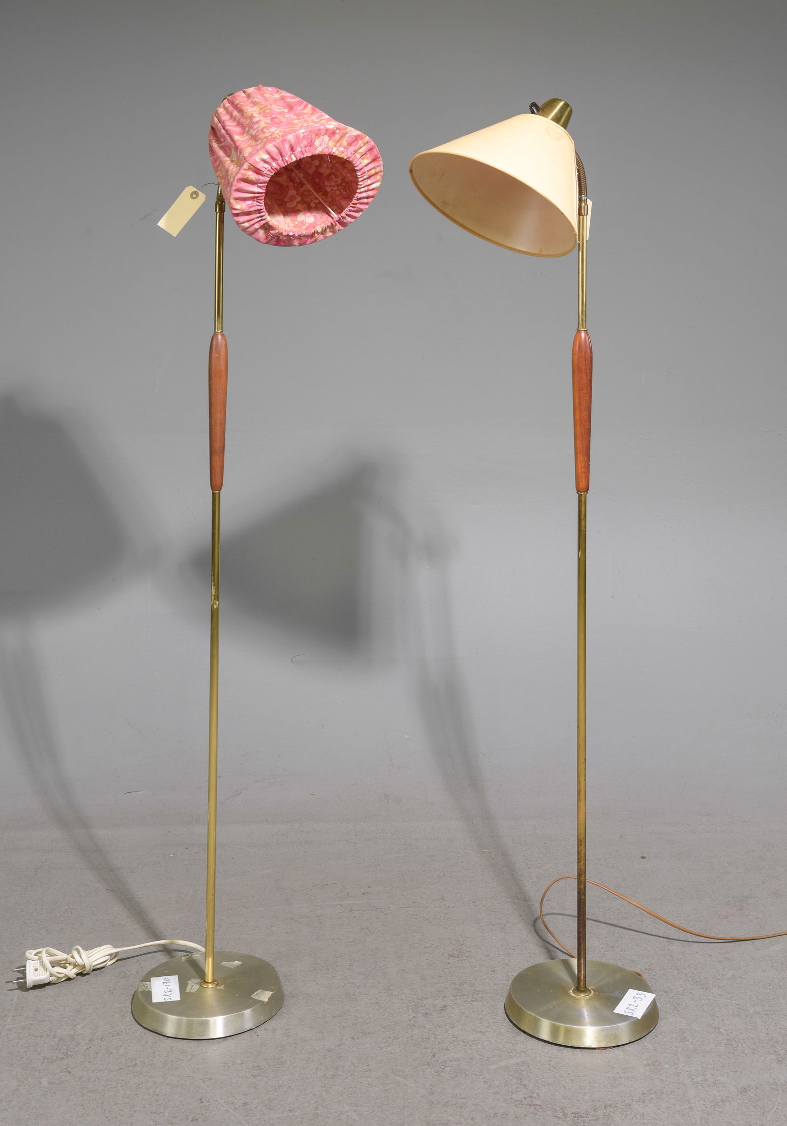 2 Swedish Brass & Teak Floor Lamps: 2 Swedish Brass & Teak Floor Lamps - 56 in tall x 9 x 11 and 54 in tall x 10 x 12