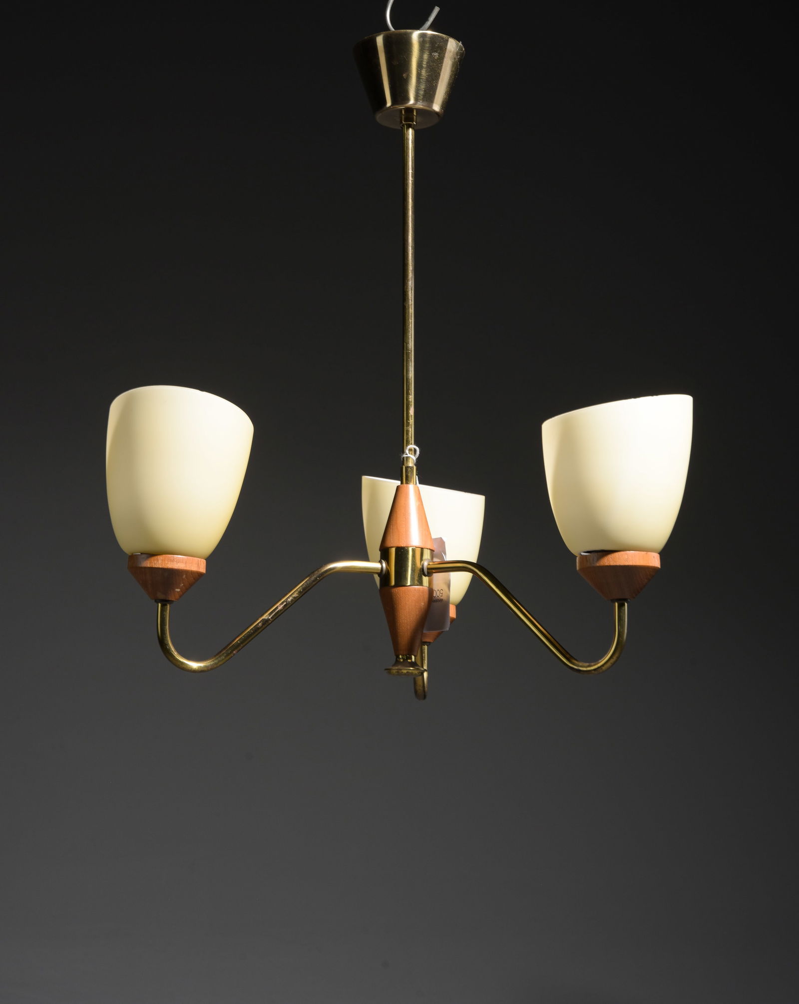Swedish Teak & Brass Three Light Chandelier: Swedish Teak & Brass Three Light Chandelier attributed to Hans Bergstrom - 20.5 in tall x 17 x 17