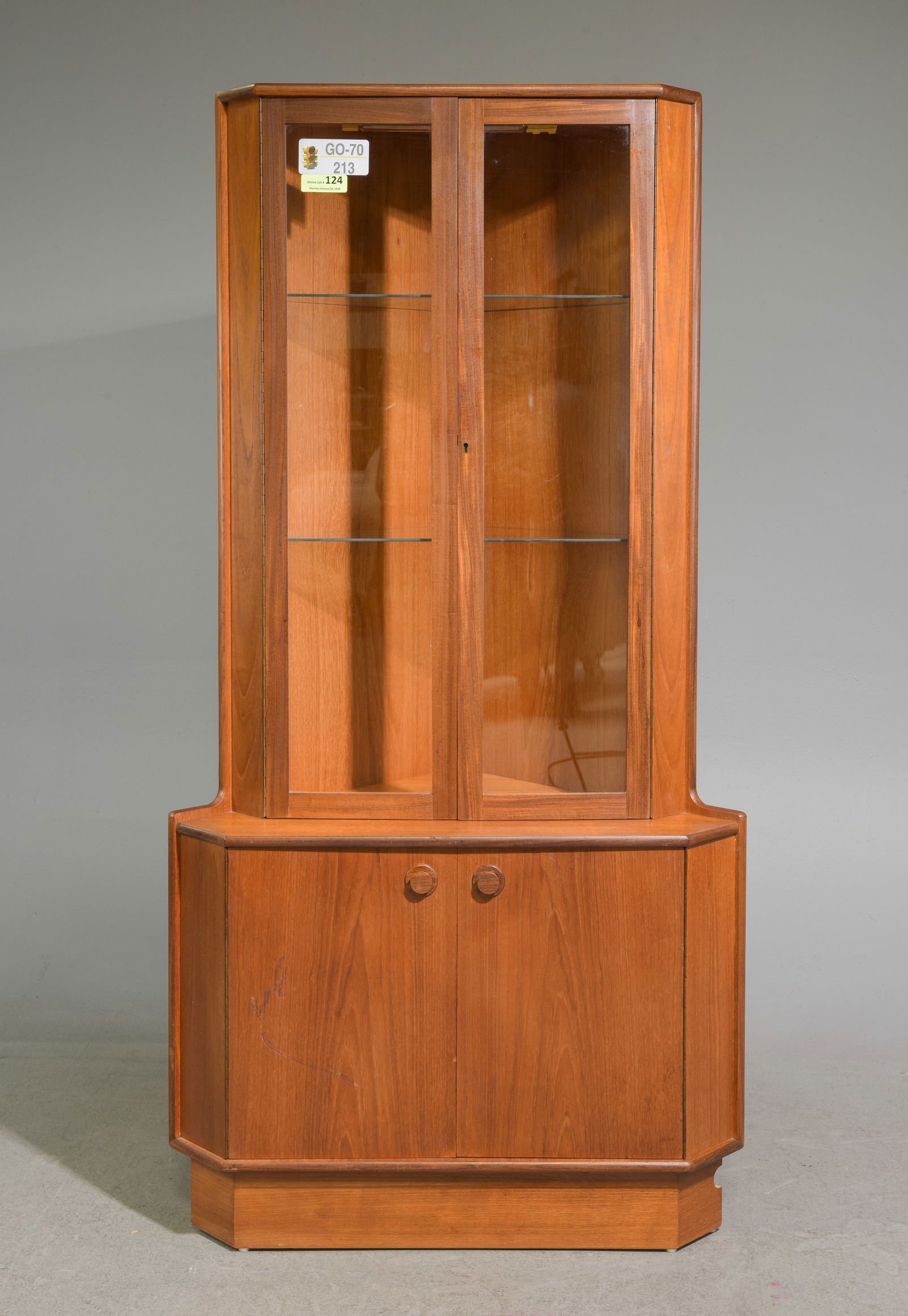 Mid Century Modern Corner Cabinet - Turnidge: Danish Modern Style Double Door Corner Cabinet / Cupboard by Turnidge - 67 in tall x 34 x 20