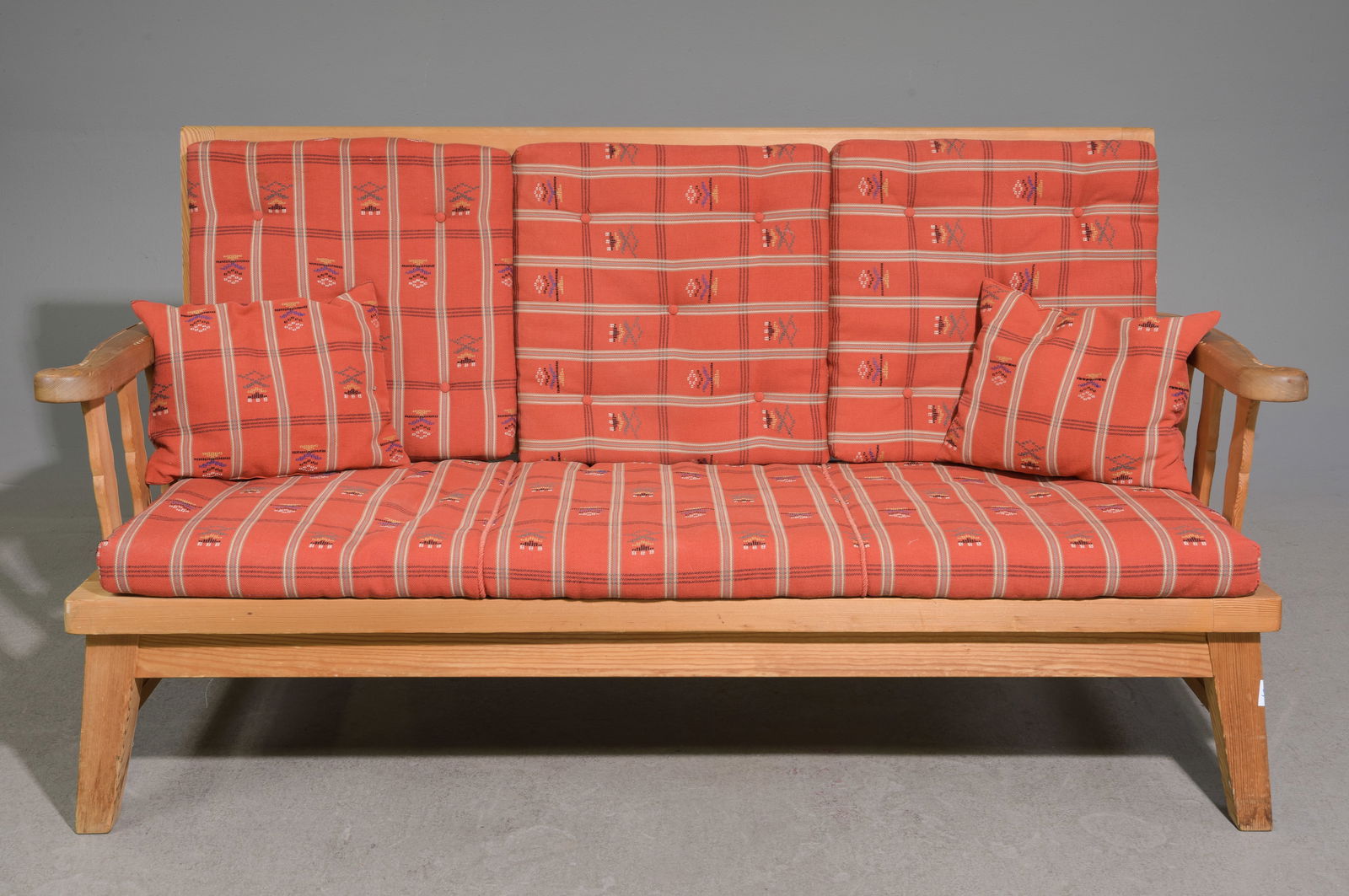 European Mid Century Modern Pine Sofa: European Mid Century Modern Pine Sofa - 34 in tall x 66 x 28, seat height is 16 in