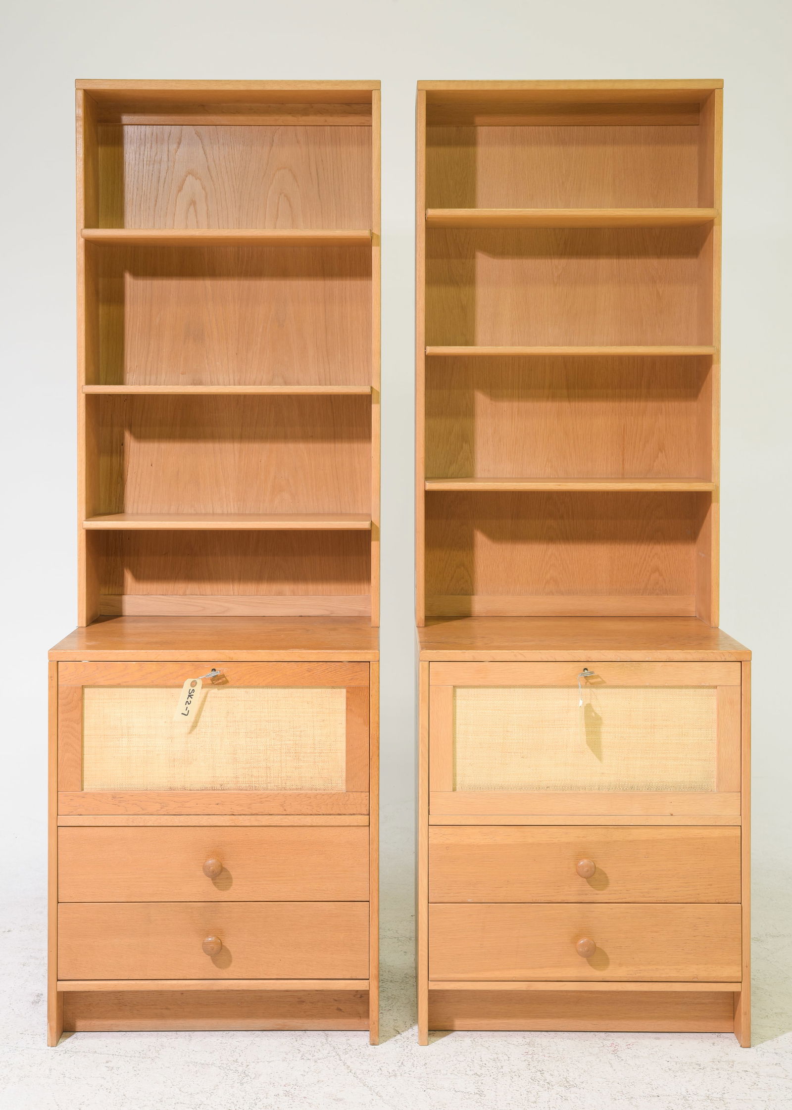 2 Oak Swedish Mid Century Modern Bookcases / Cabinets: 2 Oak Swedish Mid Century Modern Bookcases / Cabinets - 71 in tall x 24 x 18