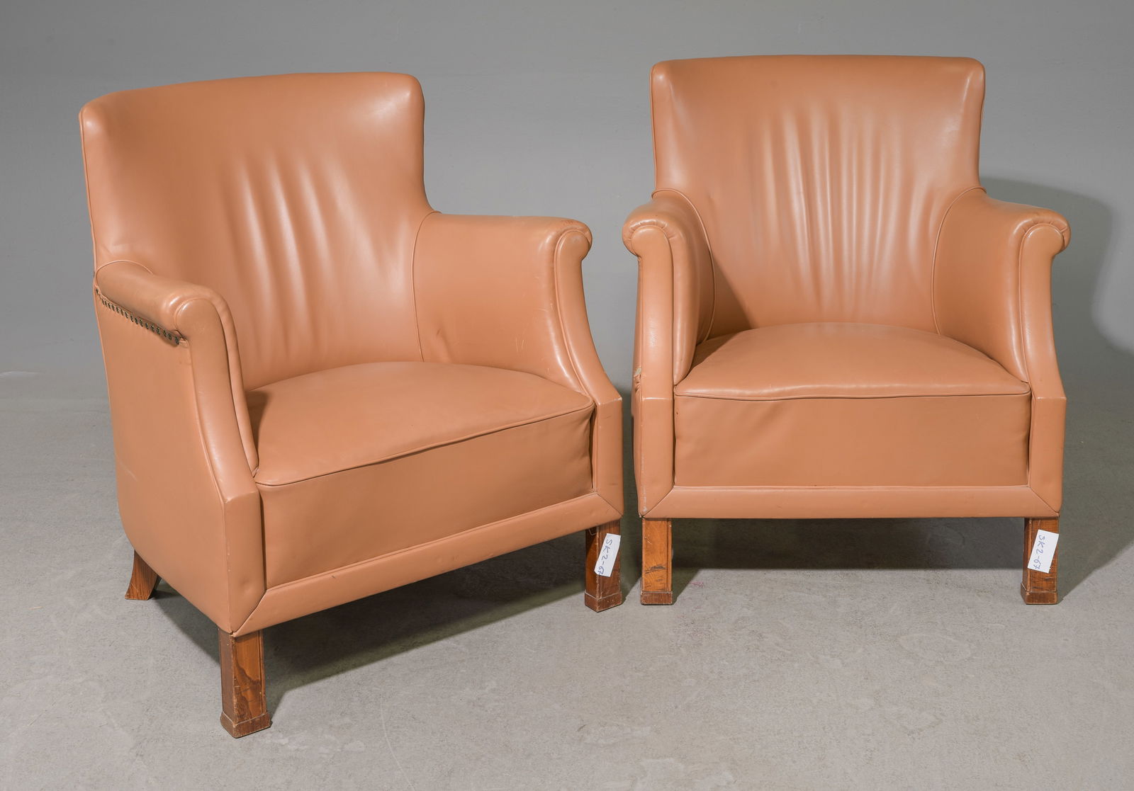 2 Scandinavian Mid Century Modern Leather Arm Chairs: 2 Scandinavian Mid Century Modern Brown Leather Arm Chairs - 34 in tall x 30 x 30, seat height is 16 in