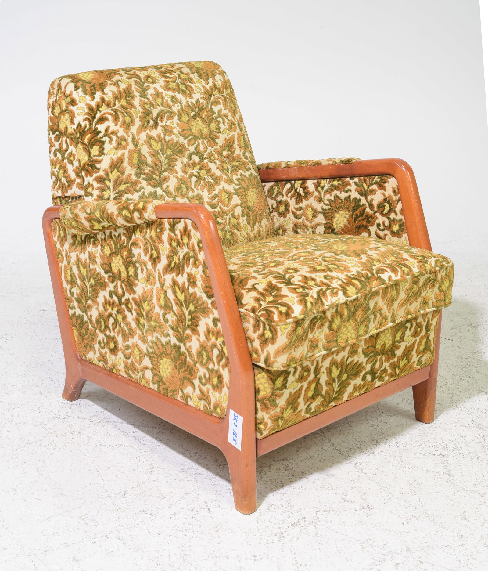 Scandinavian Mid Century Floral Upholstered Arm Chair: Scandinavian Mid Century Modern Floral Upholstered Arm Chair - 30 in tall x 34 x 27, seat height is 16 in