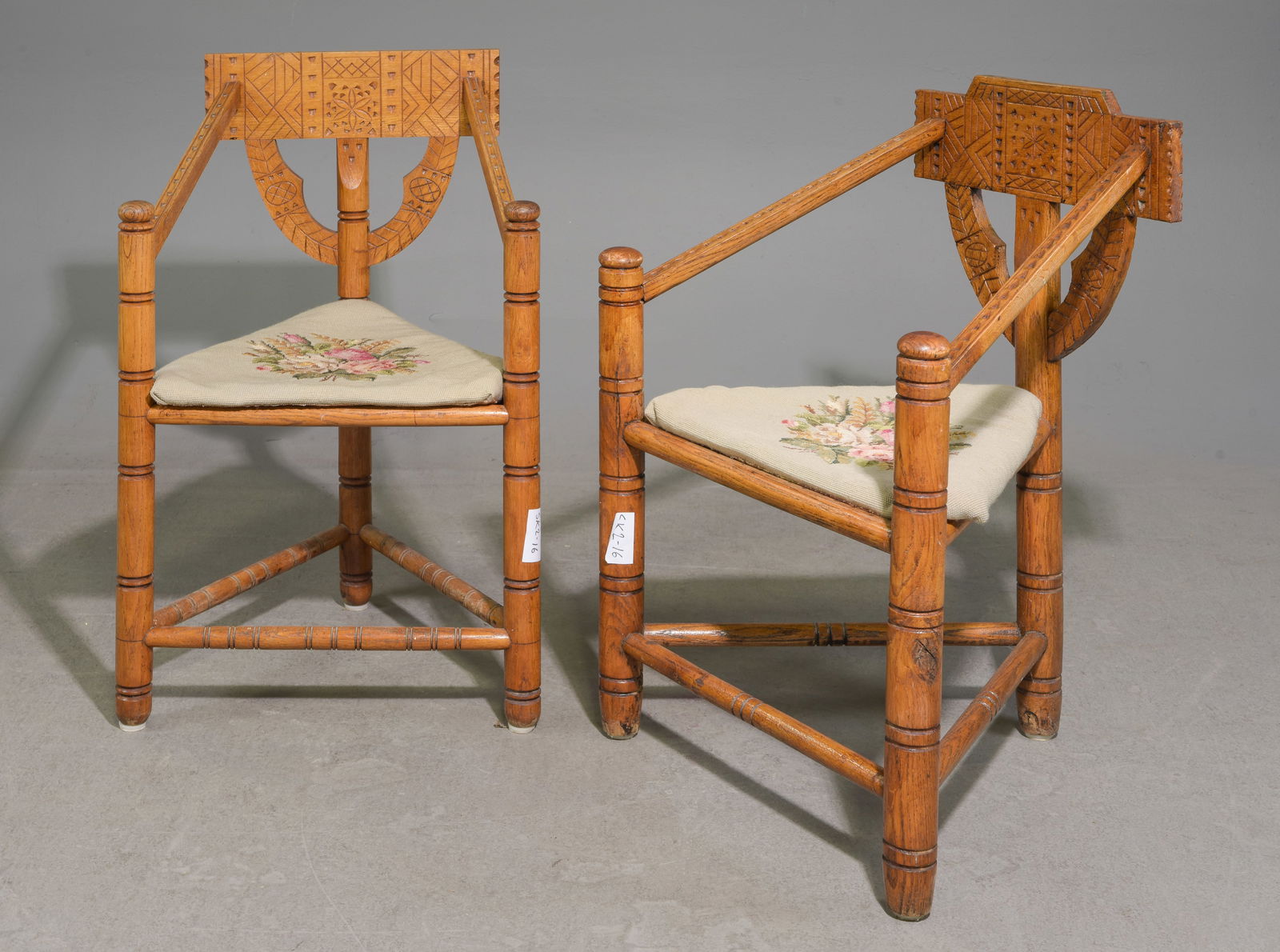 2 Swedish Mid Century Carved oak "Monk" Chairs: 2 Swedish Mid Century Modern Carved oak "Monk" Chairs - 34 in tall x 24 x 20.5, seat height is 17 in