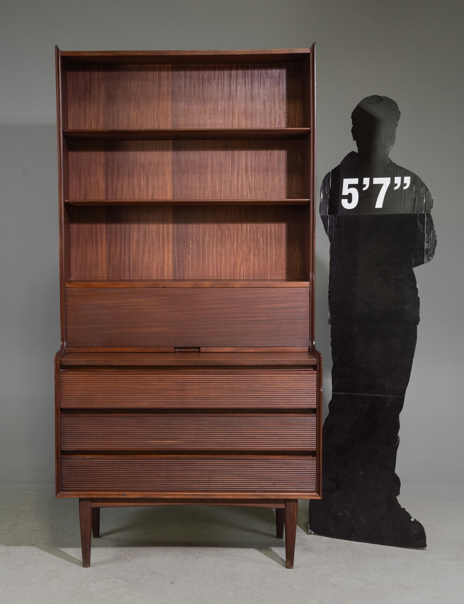 Mid Century Modern Secretary Bookshelf with Pull Out: Danish Modern Style Secretary Bookshelf with Pull Out Surface & Reeded Drawers - 72 in tall x 36 x 17