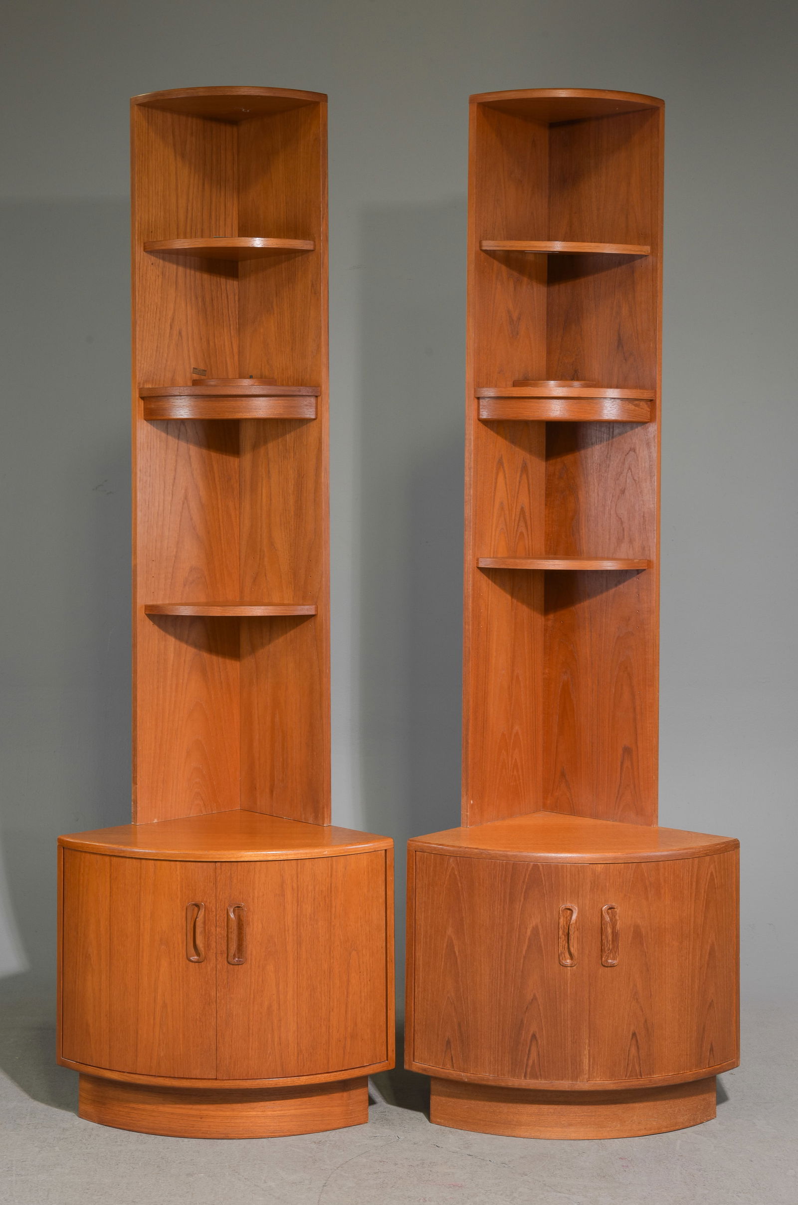 2 Mid Century Modern Corner Cabinets - Gplan: 2 Danish Modern Style Corner Cabinets by British Furniture Maker Gplan - 78 in tall x 26 x 18 each - These will break down for easier transport