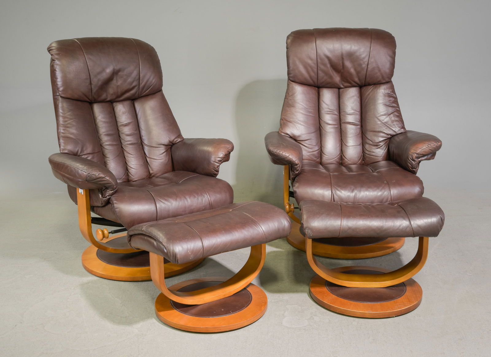 2 Mid Century Modern Lounge Chairs with Ottomans: 2 Mid Century Modern Leather Lounge Chairs with Ottomans - 44 in tall x 34 x 31,seat height is 18 in - stools are 17 in tall x 22 x 18