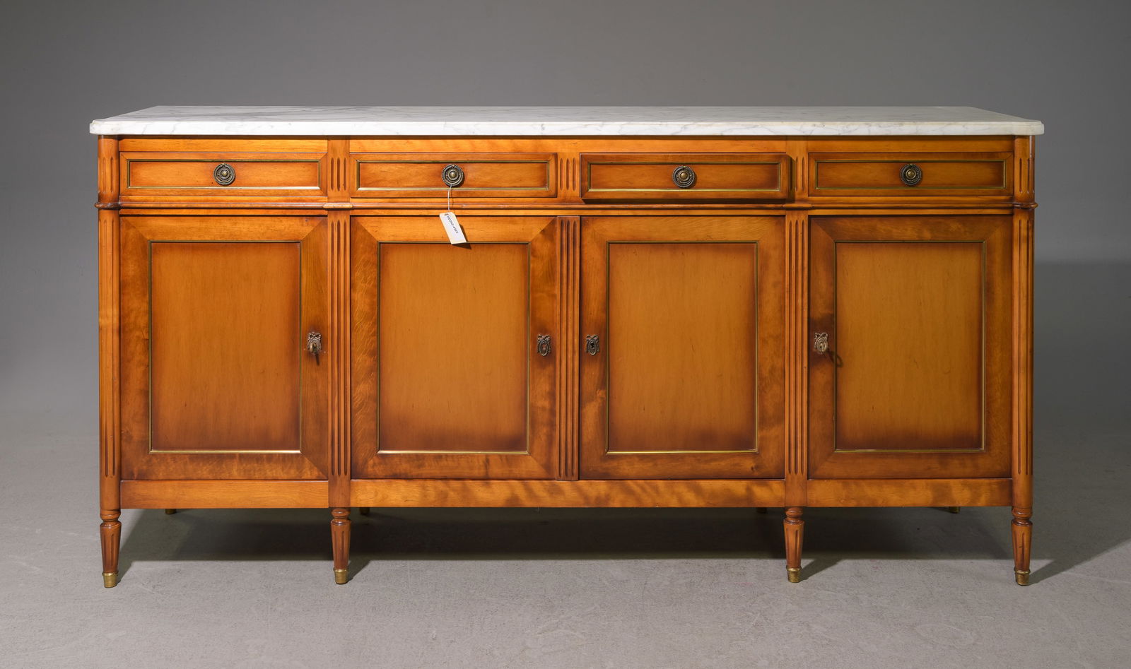 Louis XVI Style White Marble Top 4 Door Sideboard: French Louis XVI Style White Marble Top 4 Door Sideboard - 41.5 in tall x 83.5 x 19