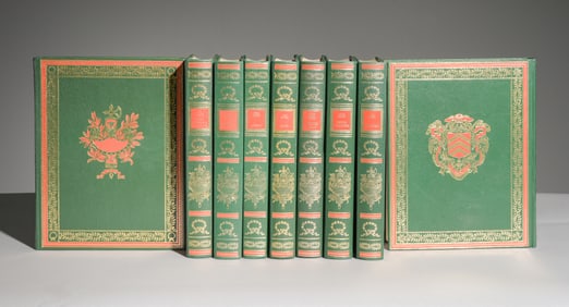 9 Assorted European / French Green Leather Bound Books