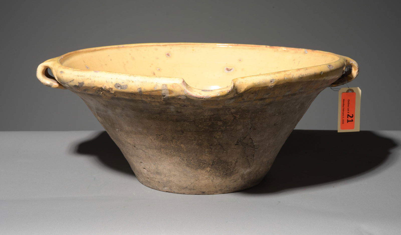 French Yellow Glazed Tian / Gresal Terracotta Bowl: French Yellow Glazed Tian / Gresal Terracotta Bowl - 9 in tall x 22 x 20.5