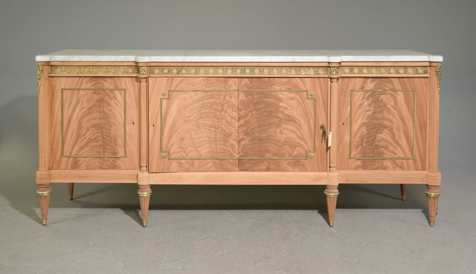 Louis XVI Style White Marble Top Bleached Sideboard: French Louis XVI Style White Marble Top Bleached 4 Door Sideboard - 39 in tall x 92 x 21