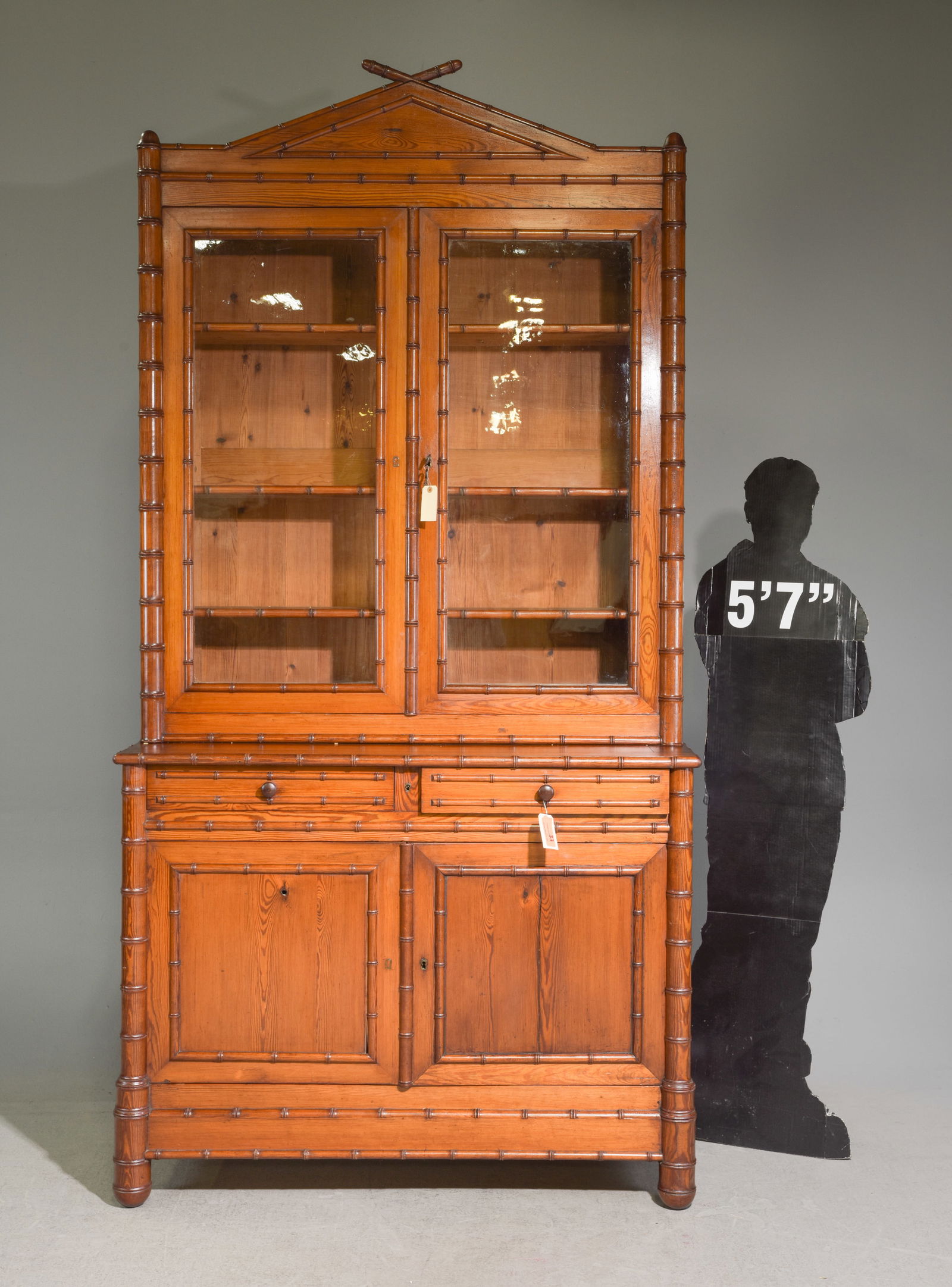 Faux Bamboo Large Step Back Bookcase / Cupboard: French Faux Bamboo Large Step Back Bookcase / Cupboard - 101 in tall x 50.5 x 21.5