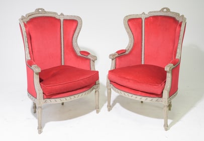 Pair Of Louis XVI Style Painted Upholstered Arm Chairs