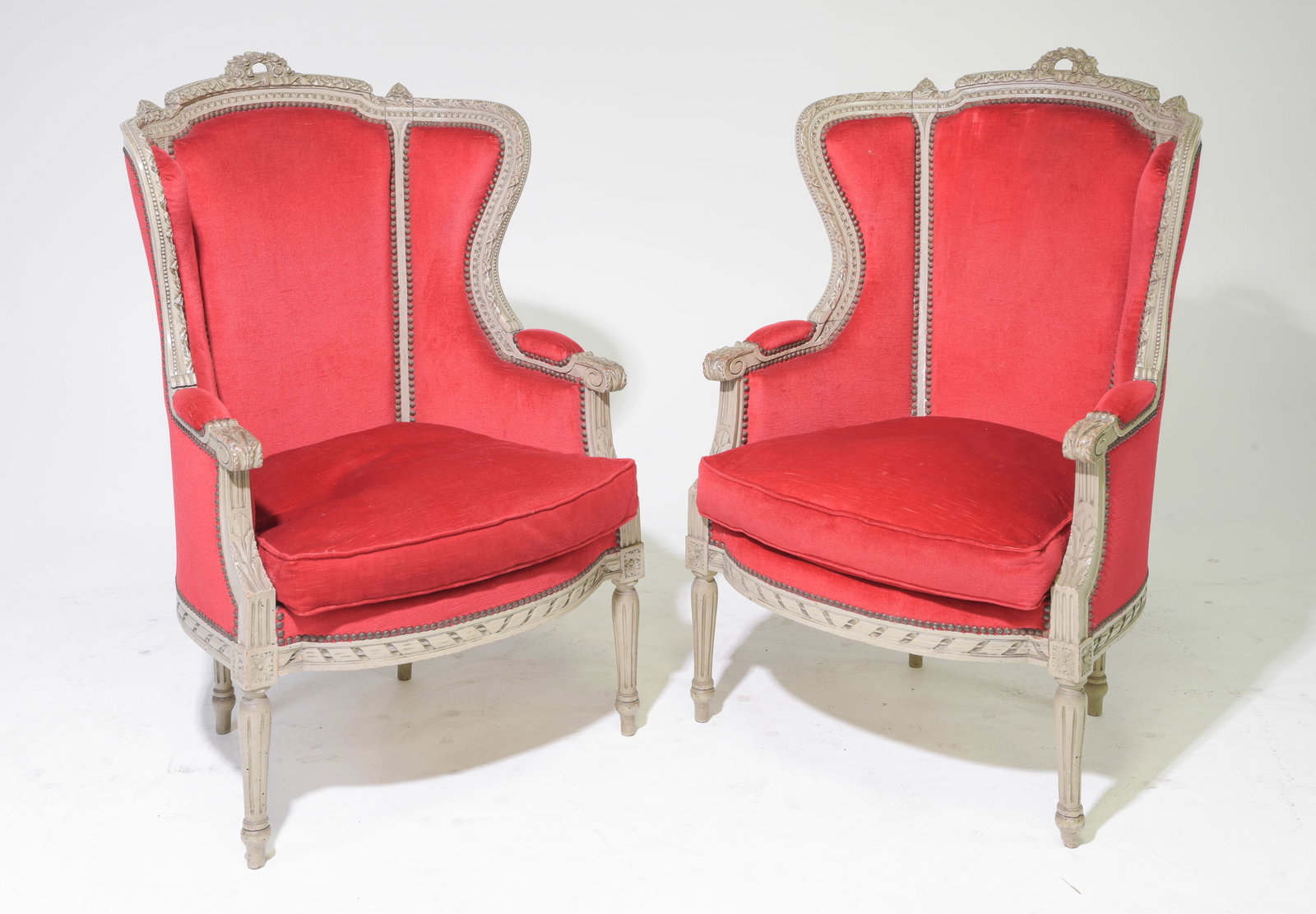 Pair Of Louis XVI Style Painted Upholstered Arm Chairs: Pair Of French Louis XVI Style Painted Upholstered Arm Chairs - 43 In tall x 27 x 26, seat height is 19 in tall