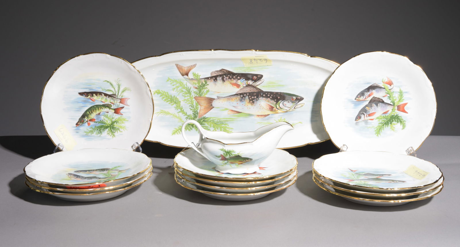 14pc French Fish Plate Set - Platter, Plates & Boat: 14pc French Fish Plate Set - Platter, Plates & Boat - Platter Is 1 in tall x 21.5 x 8.5, plates are 1 in tall x 9 in diameter