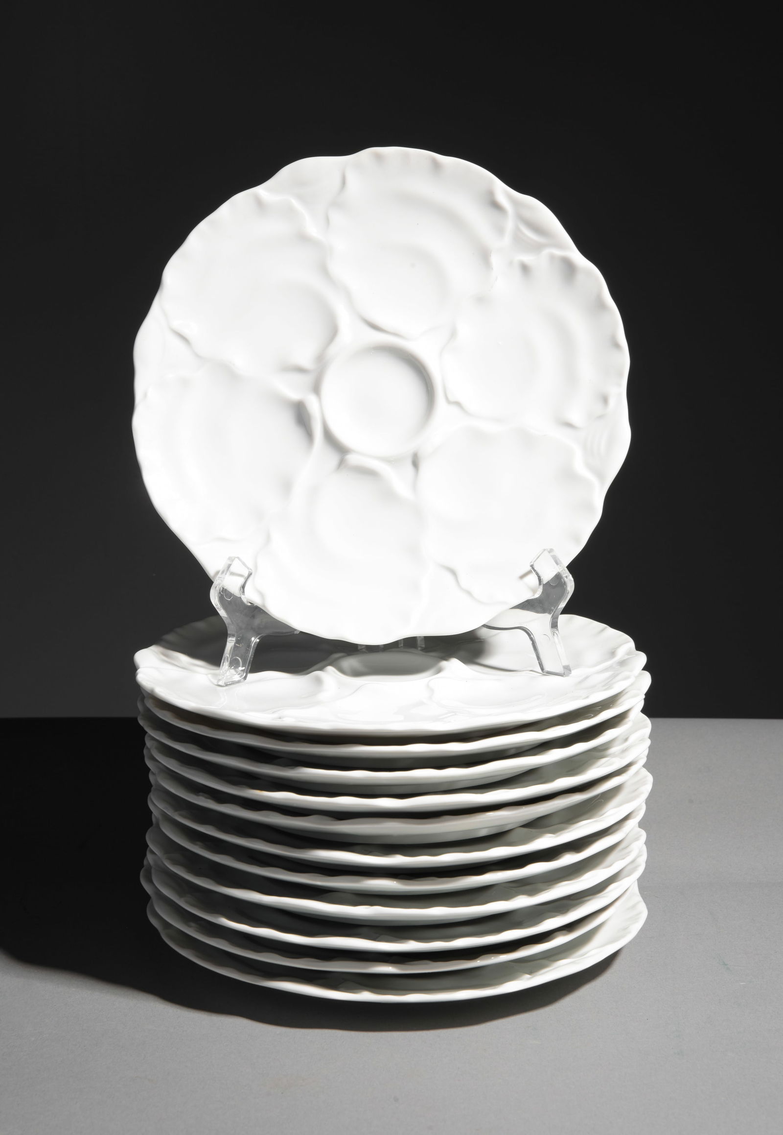 French Set of 12 White Oyster Plates: French Set of 12 White Oyster Plates - 1 in tall x 9 in diameter