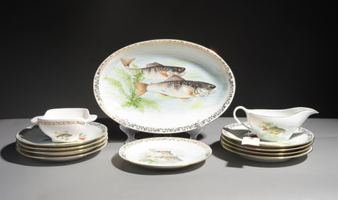 12pc French Fish Plate Set - Platter, Plates & Boat