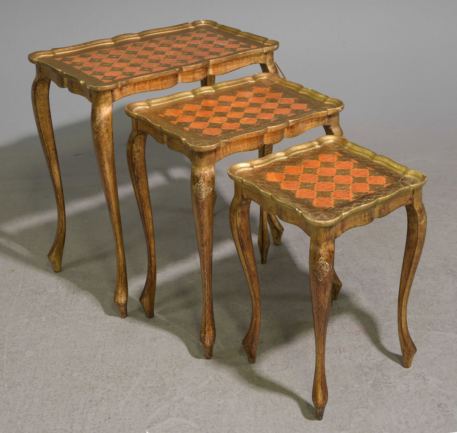 French Florentine Nest of Three Tables: French Florentine Nest of Three Tables - Tallest one is 23 in tall x 21.5 x 14, middle one 20 in tall x 17 x 12.5, smallest 17.5 in tall x 12.5 x 17.5