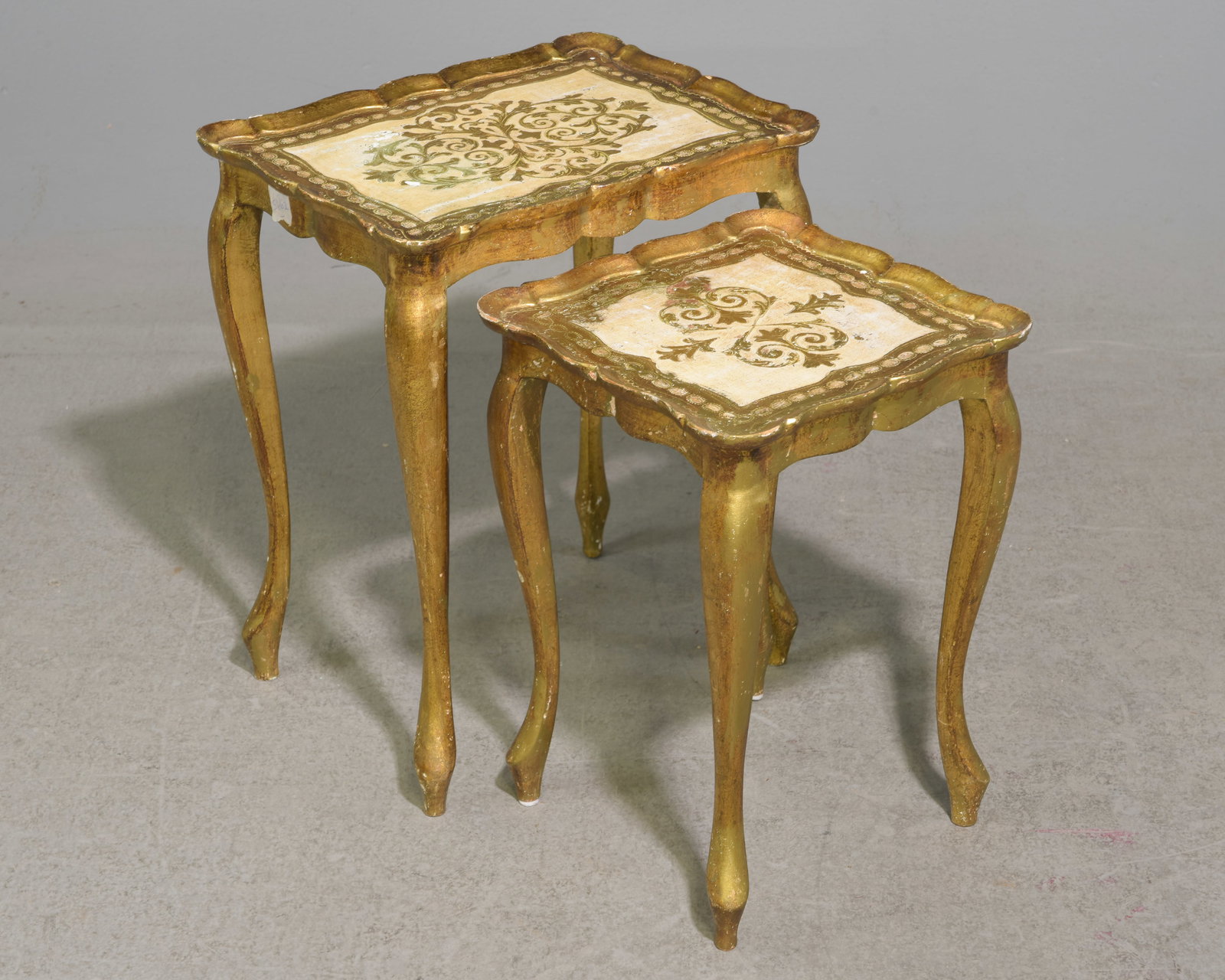 French Florentine Nest of Two Tables: French Florentine Nest of Two Tables - tallest one is 20 in tall x 16.5 x 12.5, smallest 17 in tall x 12 x 12