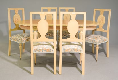 Louis XVI Style Table & 6 Chairs With Japanese Motif