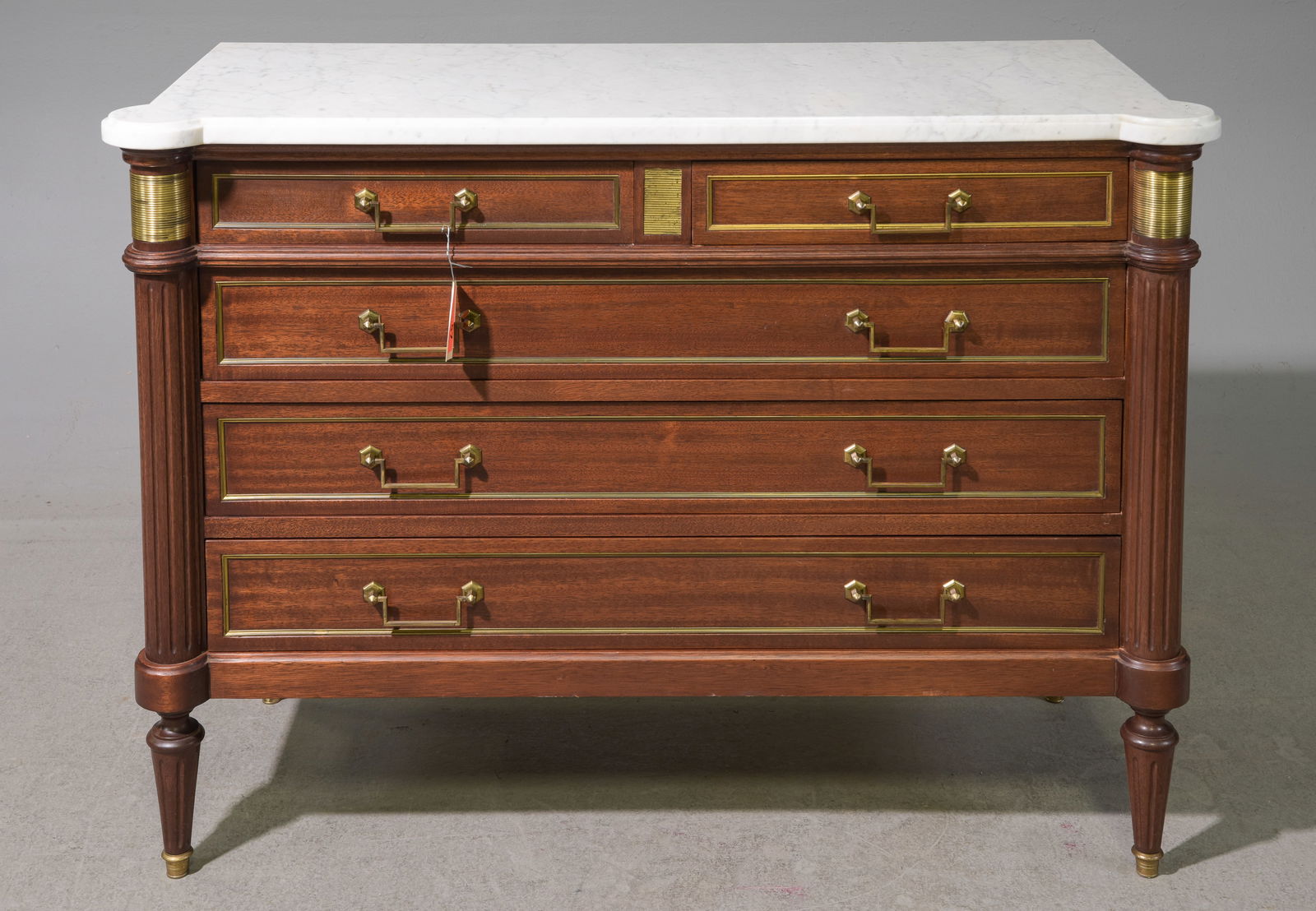 Louis XVI Style White Marble Top 5 Drawer Chest: French Louis XVI Style White Marble Top 5 Drawer Chest - 33 in tall x 45.5 x 19