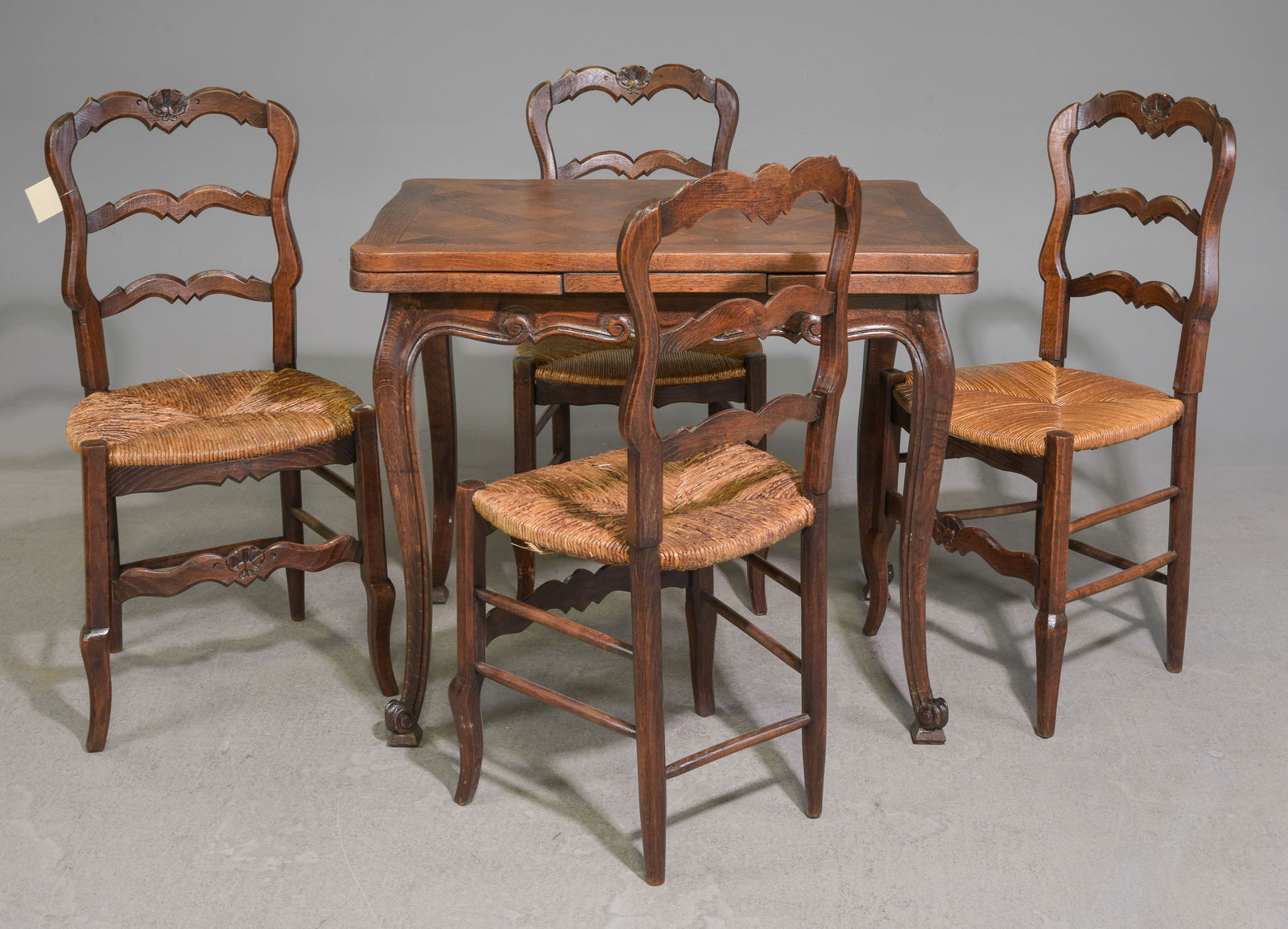 Louis XV Style Petite Oak Draw Leaf Table & 4 Chairs: French Louis XV Style Petite Oak Parquet Top Draw Leaf Table & 4 Rush Seat Dining Chairs - Table is 30 in tall x 35 x 25.5, Leaves add an additional 12 inches each, Floor to apron is 23.5 inches and t
