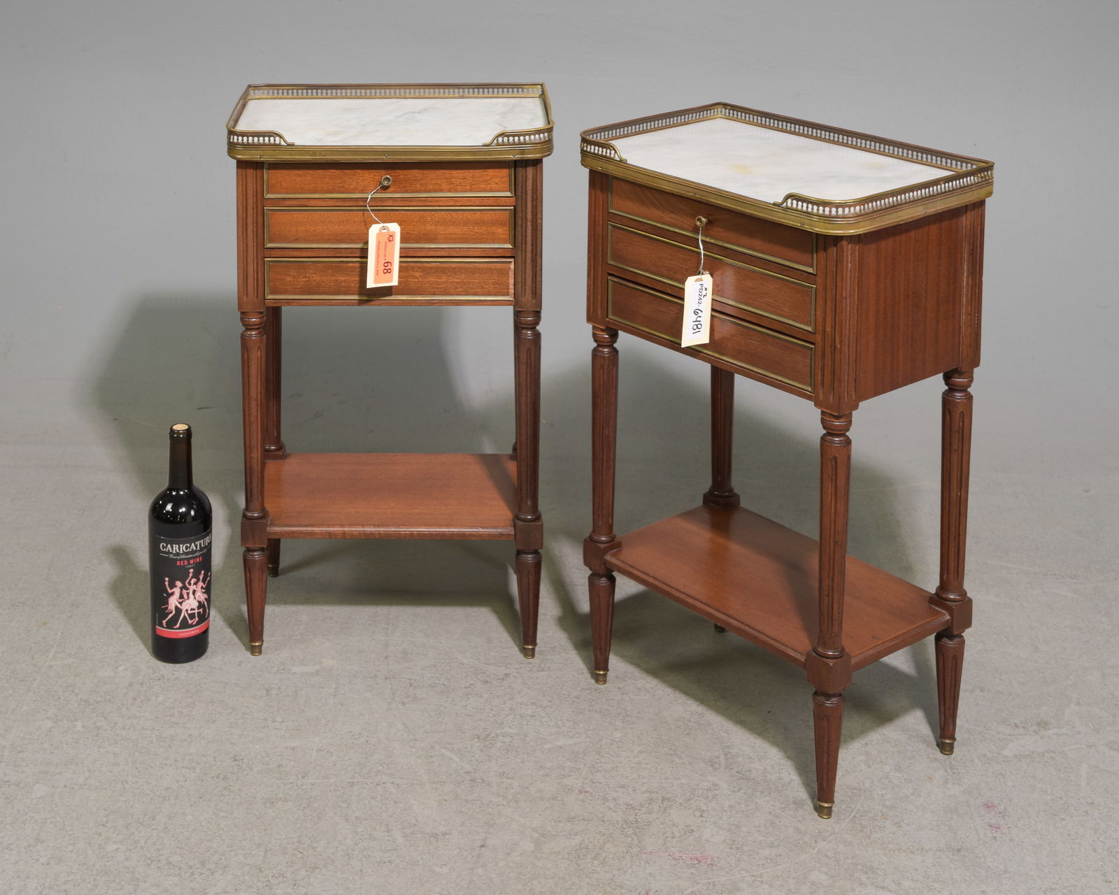 Louis XVI Style Pair of White Marble Top Chests #2: French Louis XVI Style Pair of White Marble Top Chests / Nightstands with Gallery - 27.5 in tall x 16 x 10.5 each