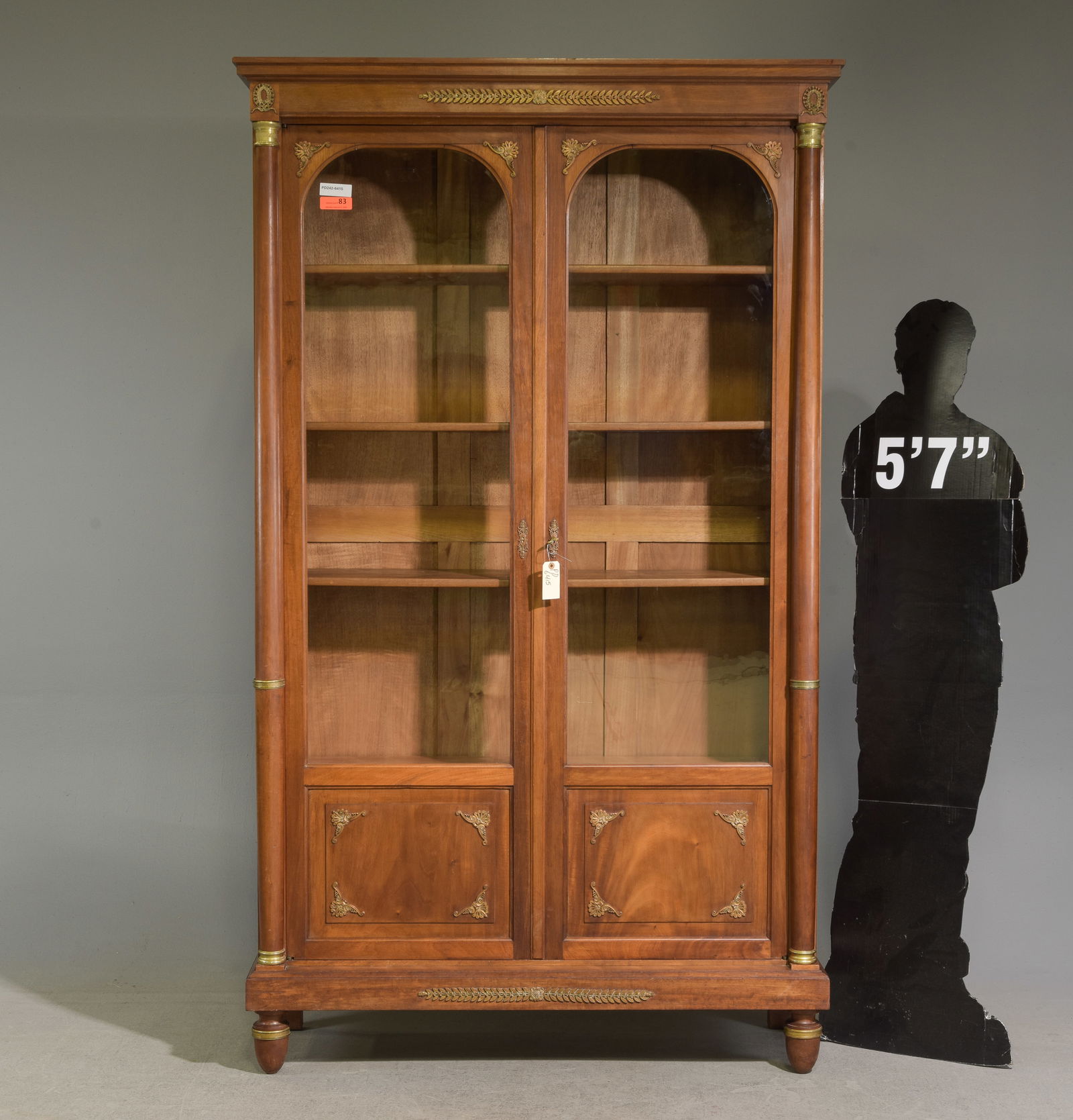 French Empire Style Double Door Bookcase: French Empire Style Double Door Bookcase / Cupboard with Ormolu Adornments - 84.5 in tall x 50 x 17