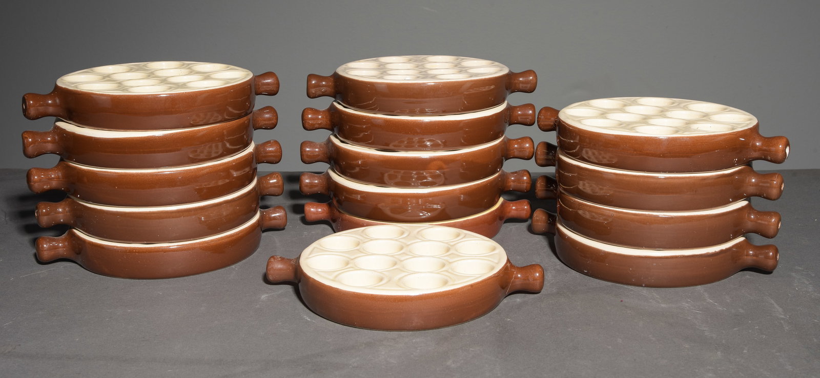 15 French Stoneware Escargot Plates: 15 French Stoneware Escargot Plates - Emil Henry - 1.25 in tall x 9 x 7 each