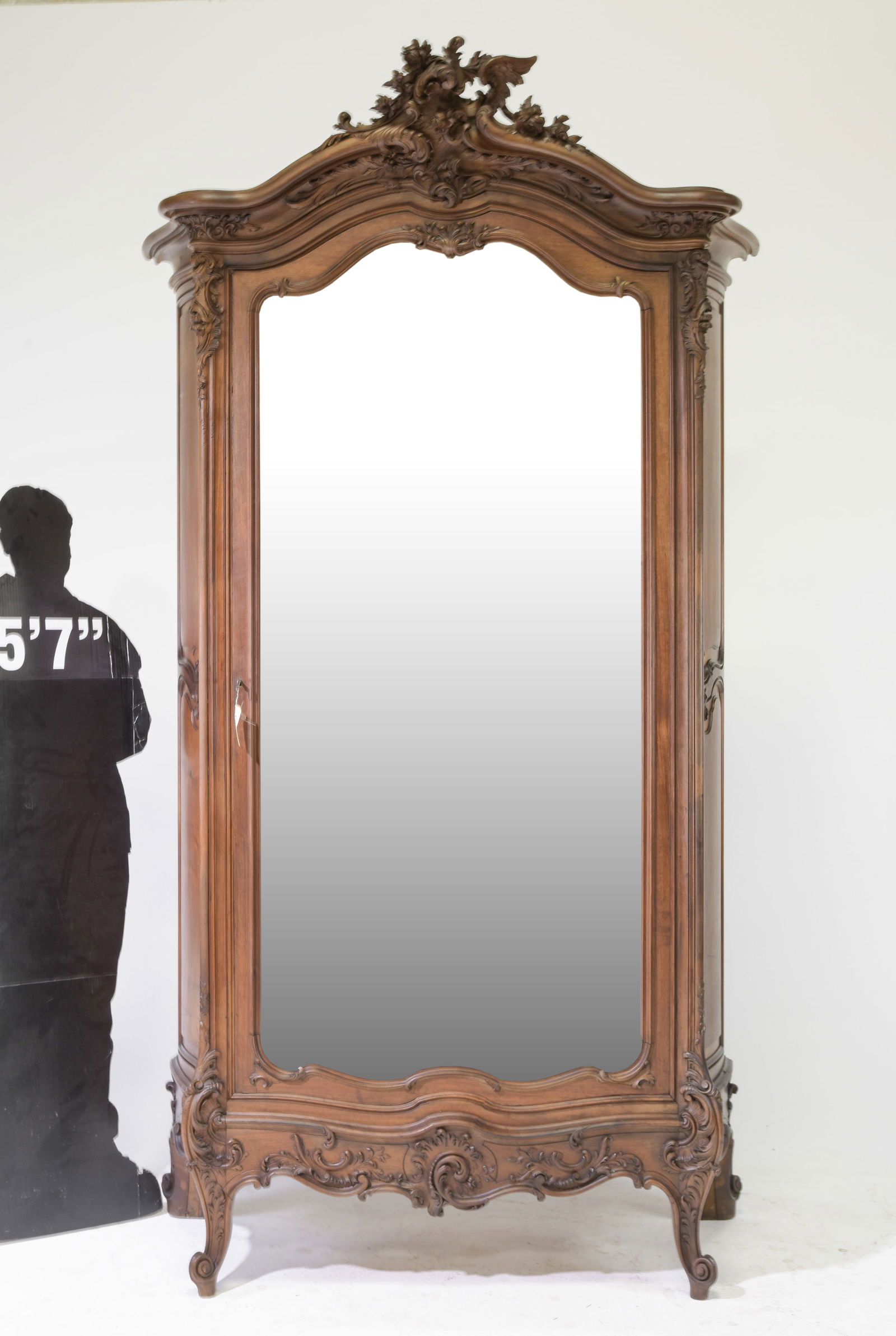 Louis XV Style Mirror Door Walnut Armoire: French Louis XV Style Mirror Door Walnut Armoire - 98 in tall x 55 x 23